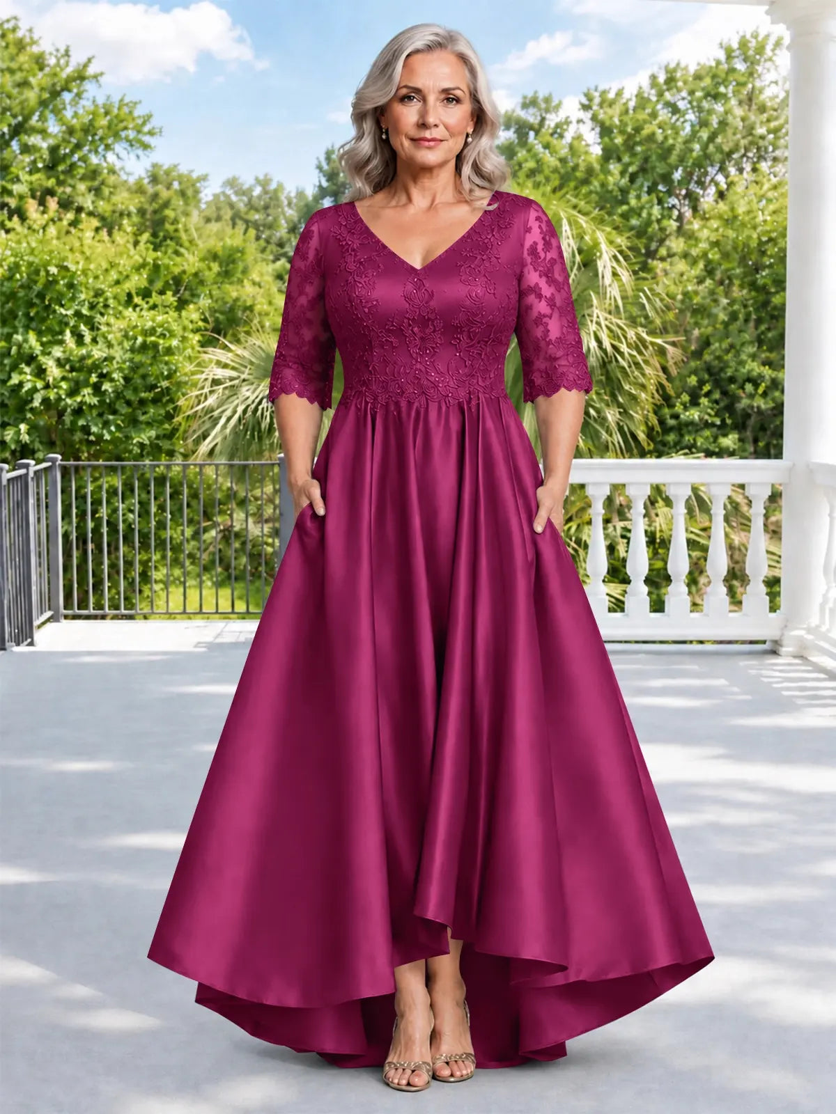 Satin Mother of the Bride Dress with Lace Sleeves-Plus Size 