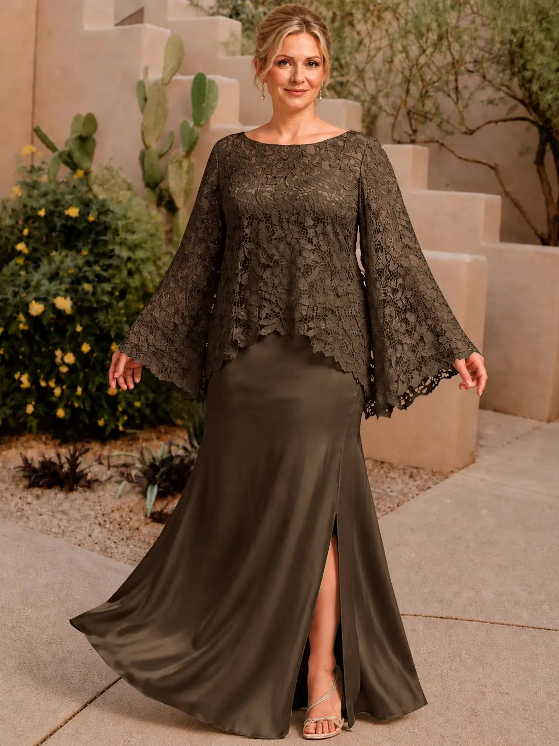 Two-piece Mother of the Bride Dress with Lace Top-Plus Size 