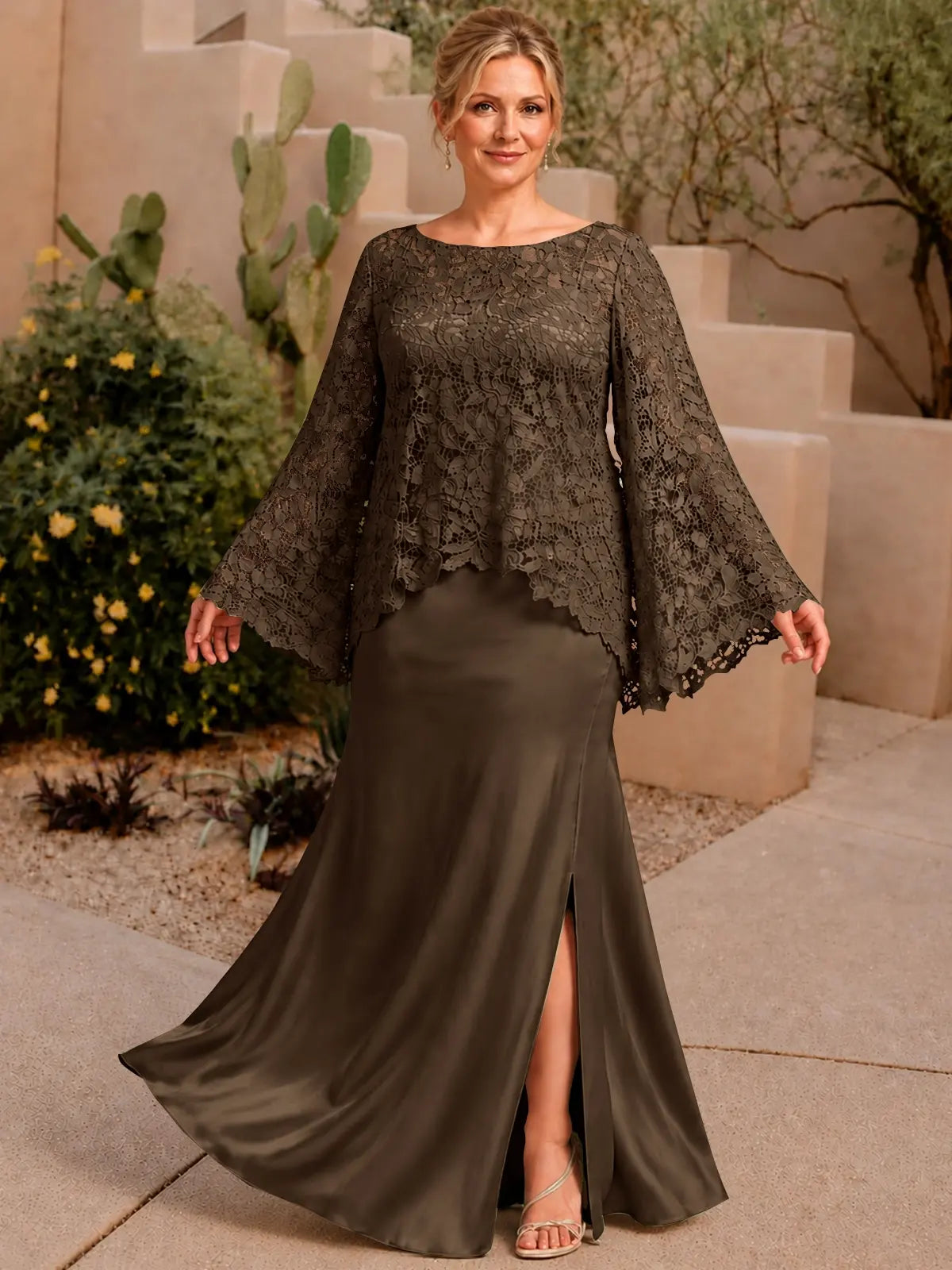 Two-piece Mother of the Bride Dress with Lace Top-Plus Size 