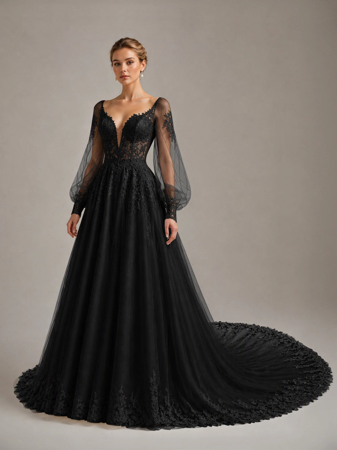 Tulle Wedding Dress with Lace-Trimmed Train 