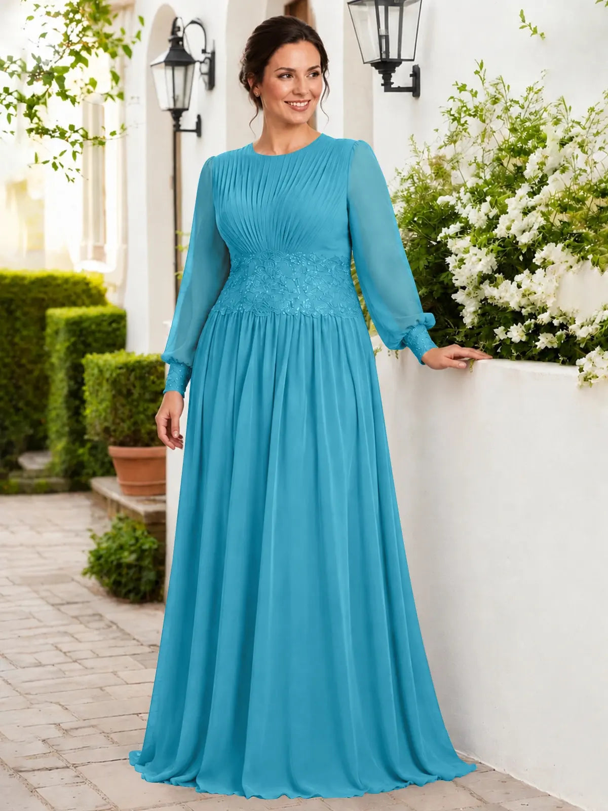 Chiffon Mother of the Bride Dress with Jewel Neckline-Plus Size 