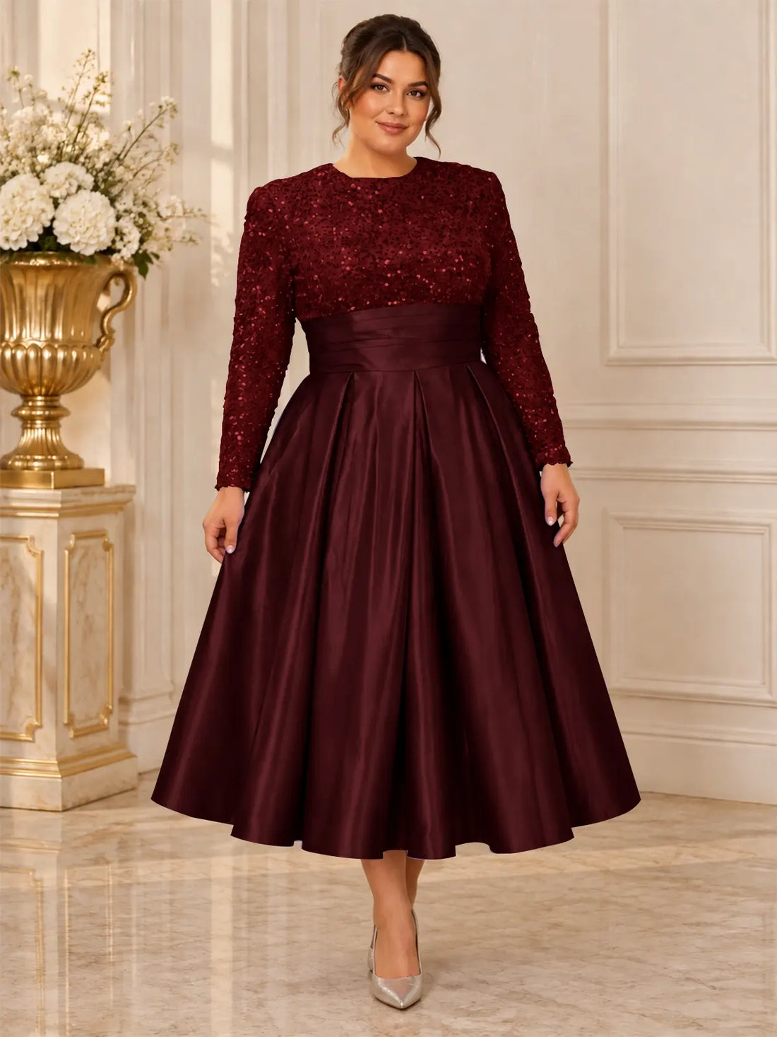 Sequined Mother Dress with Pockets-Plus Size 