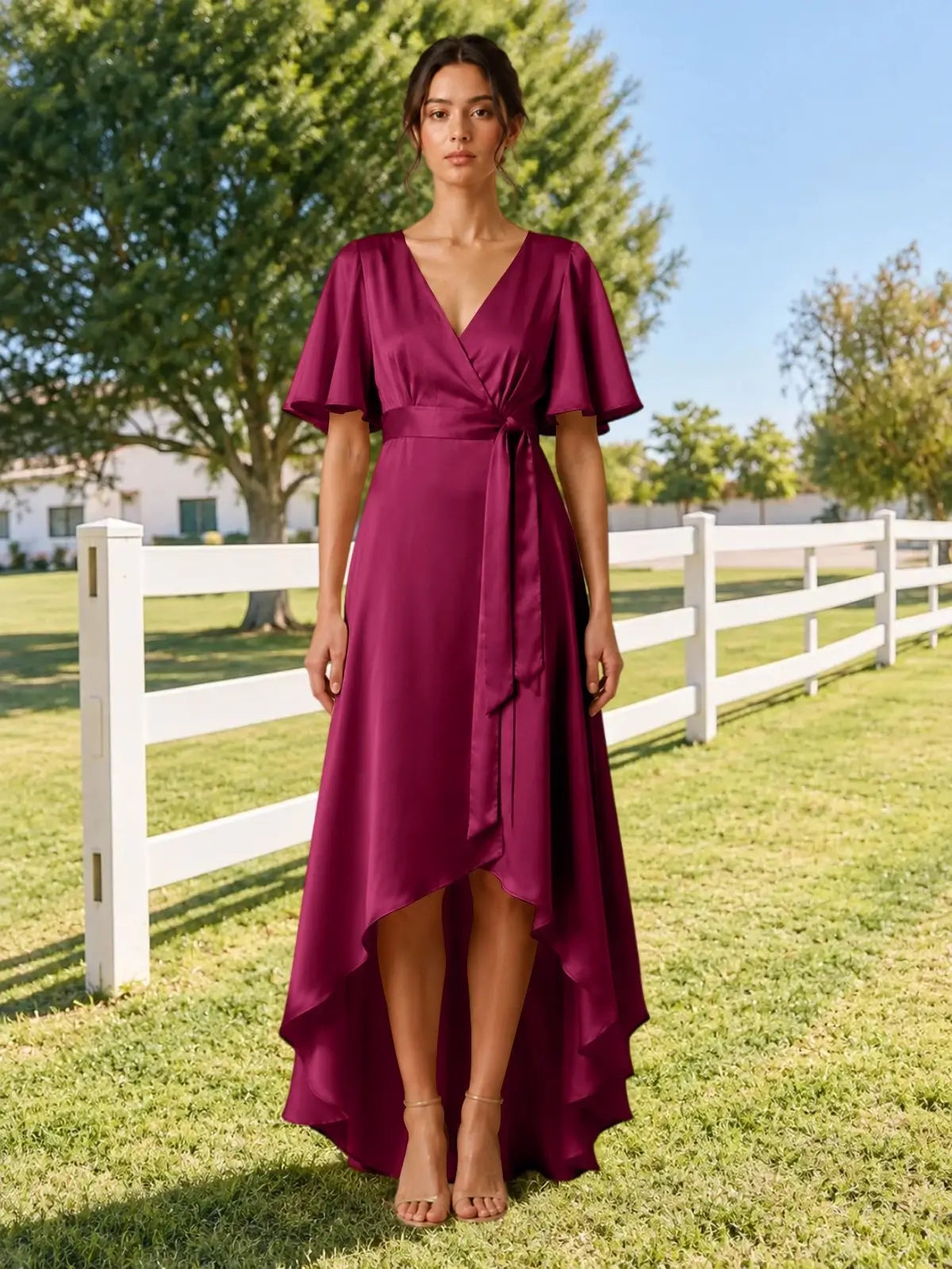 V-neck Bridesmaid Dress with Flutter Sleeves