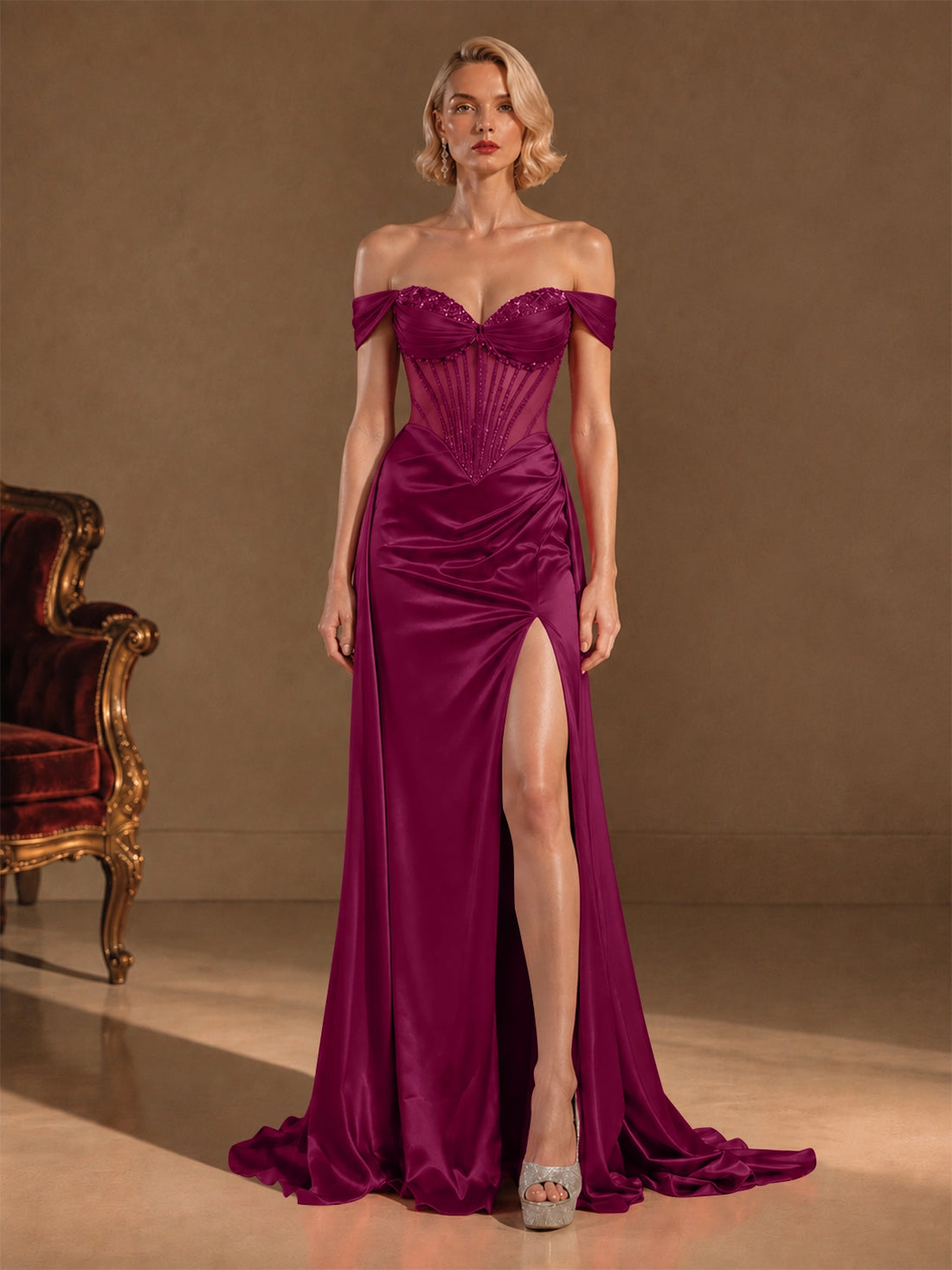Silk-like Prom Dress with Crystal Detailing 