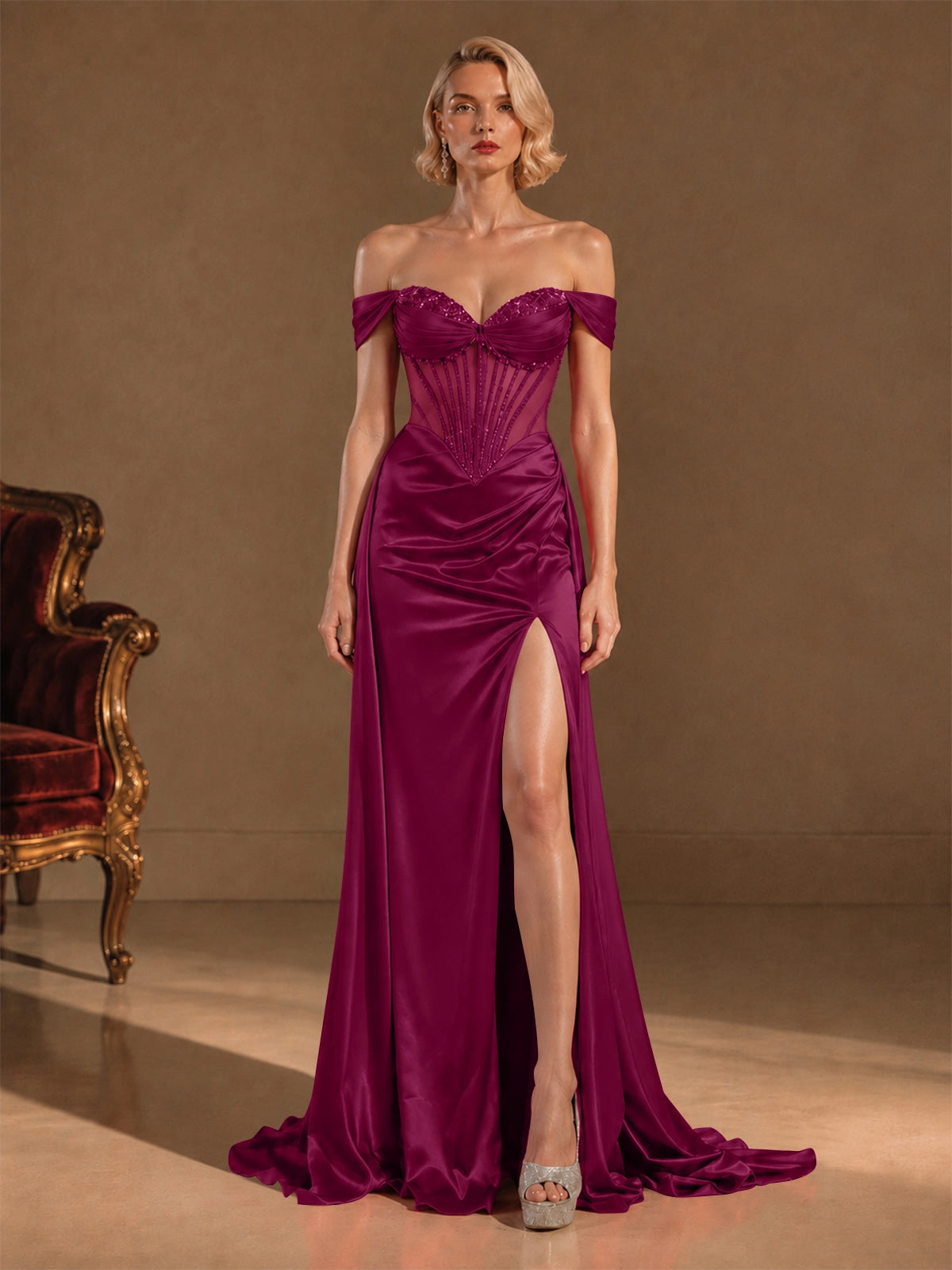 Silk-like Prom Dress with Crystal Detailing 