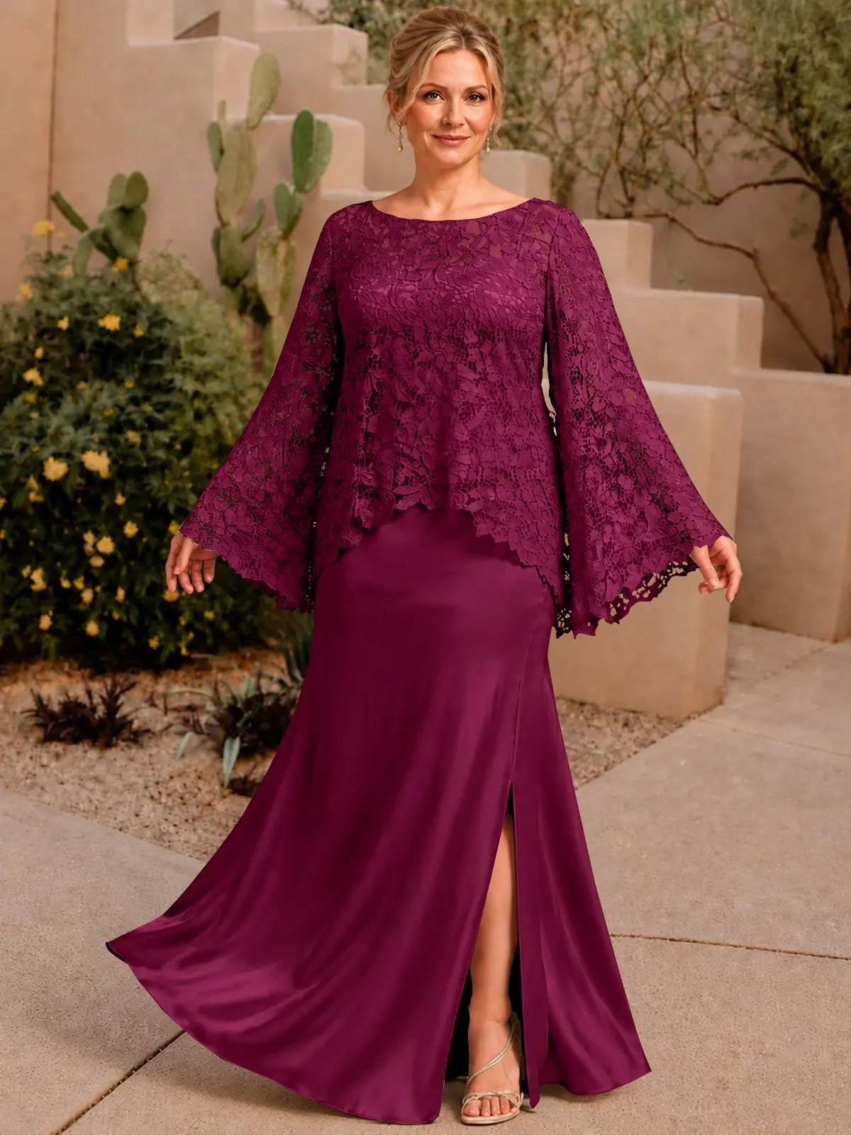 Two-piece Mother of the Bride Dress with Lace Top-Plus Size 