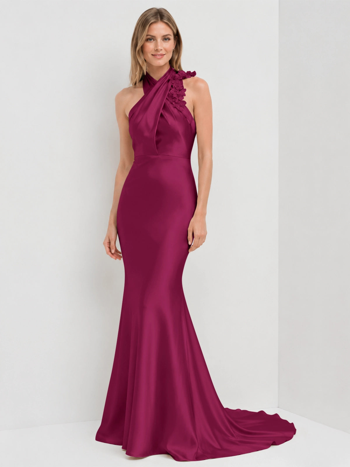 Silk-like Bridesmaid Dress with 3D Floral 