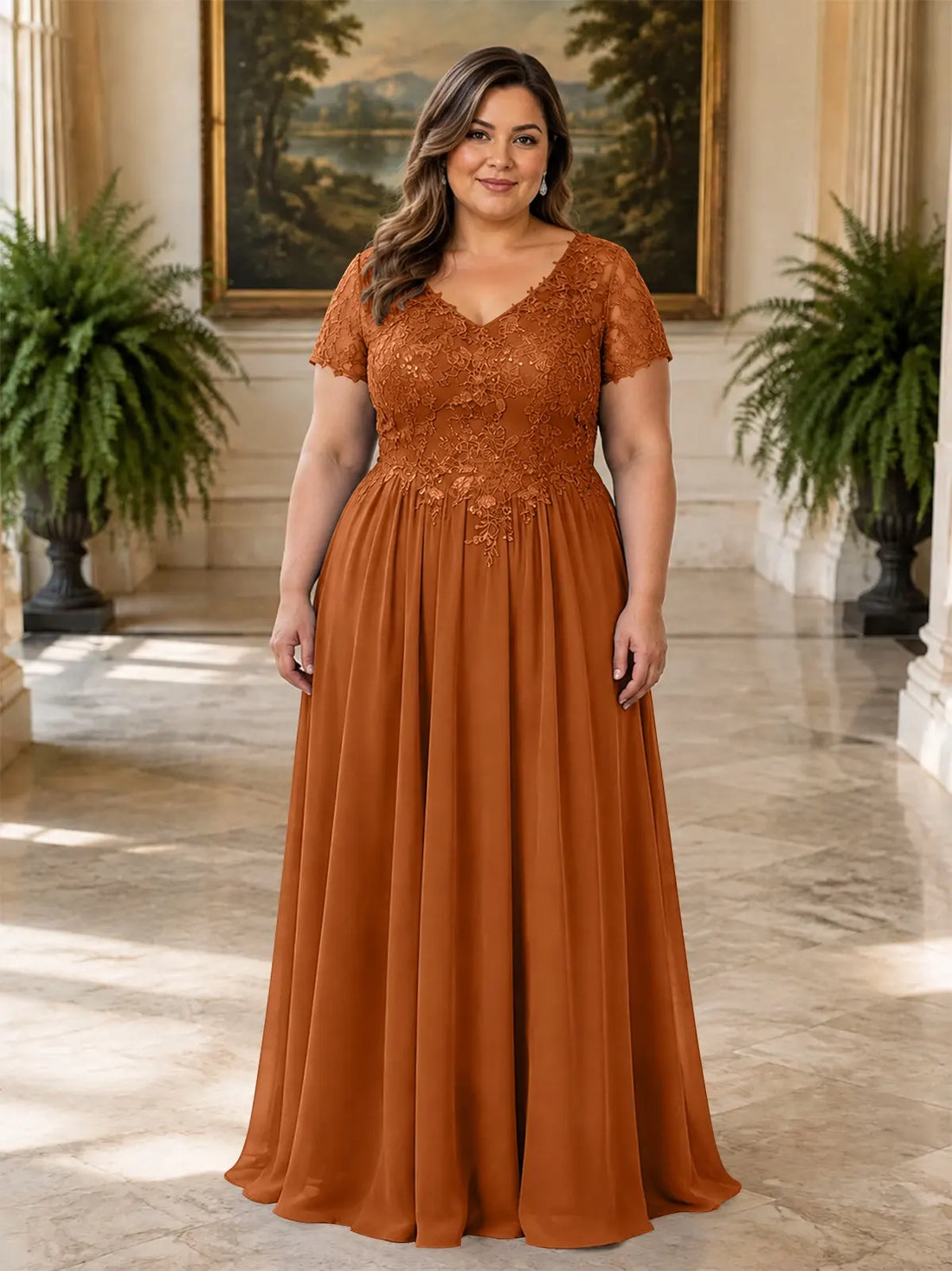 Short Sleeves Chiffon Dress-Plus Size 