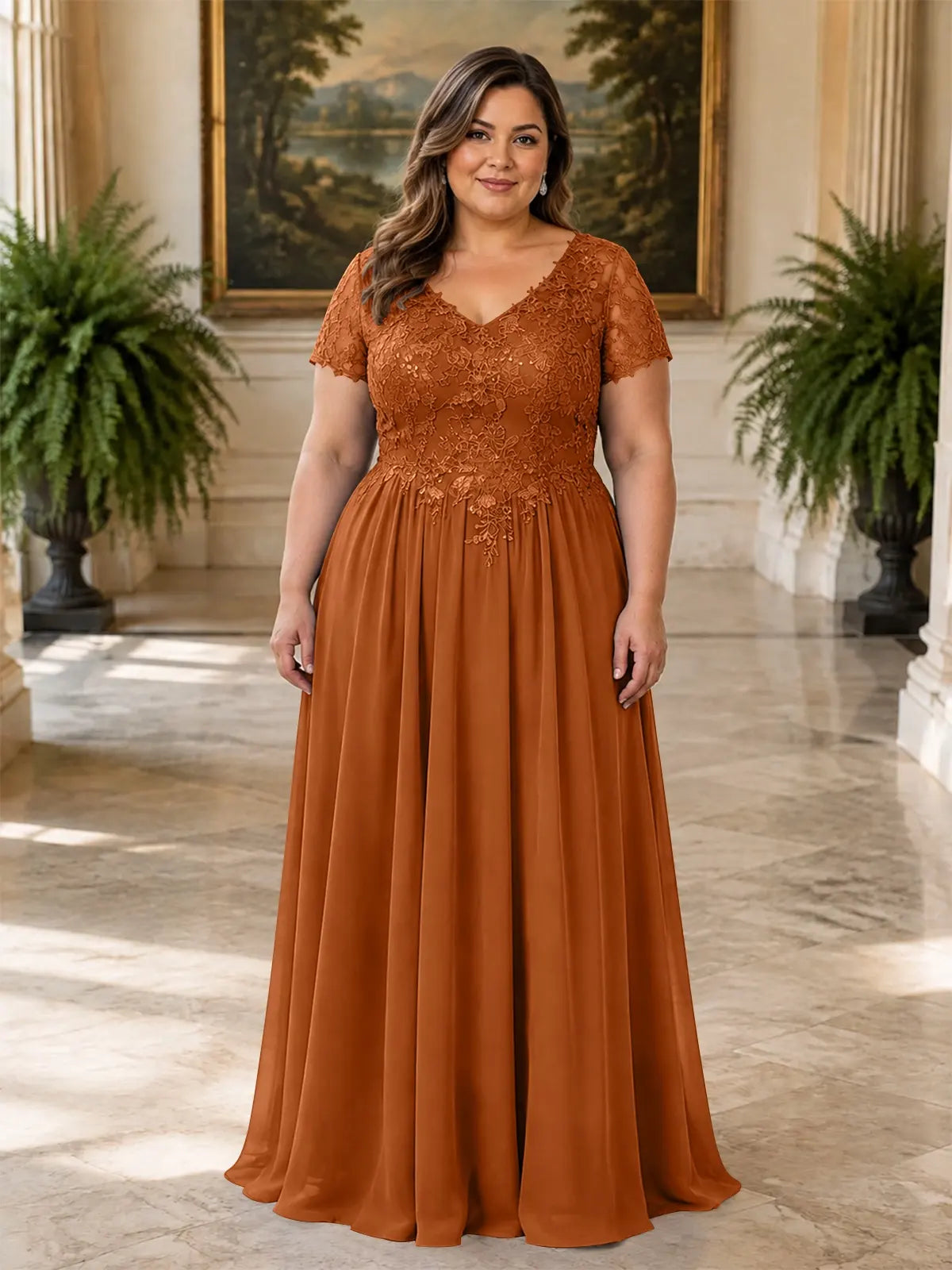 Short Sleeves Chiffon Dress-Plus Size 