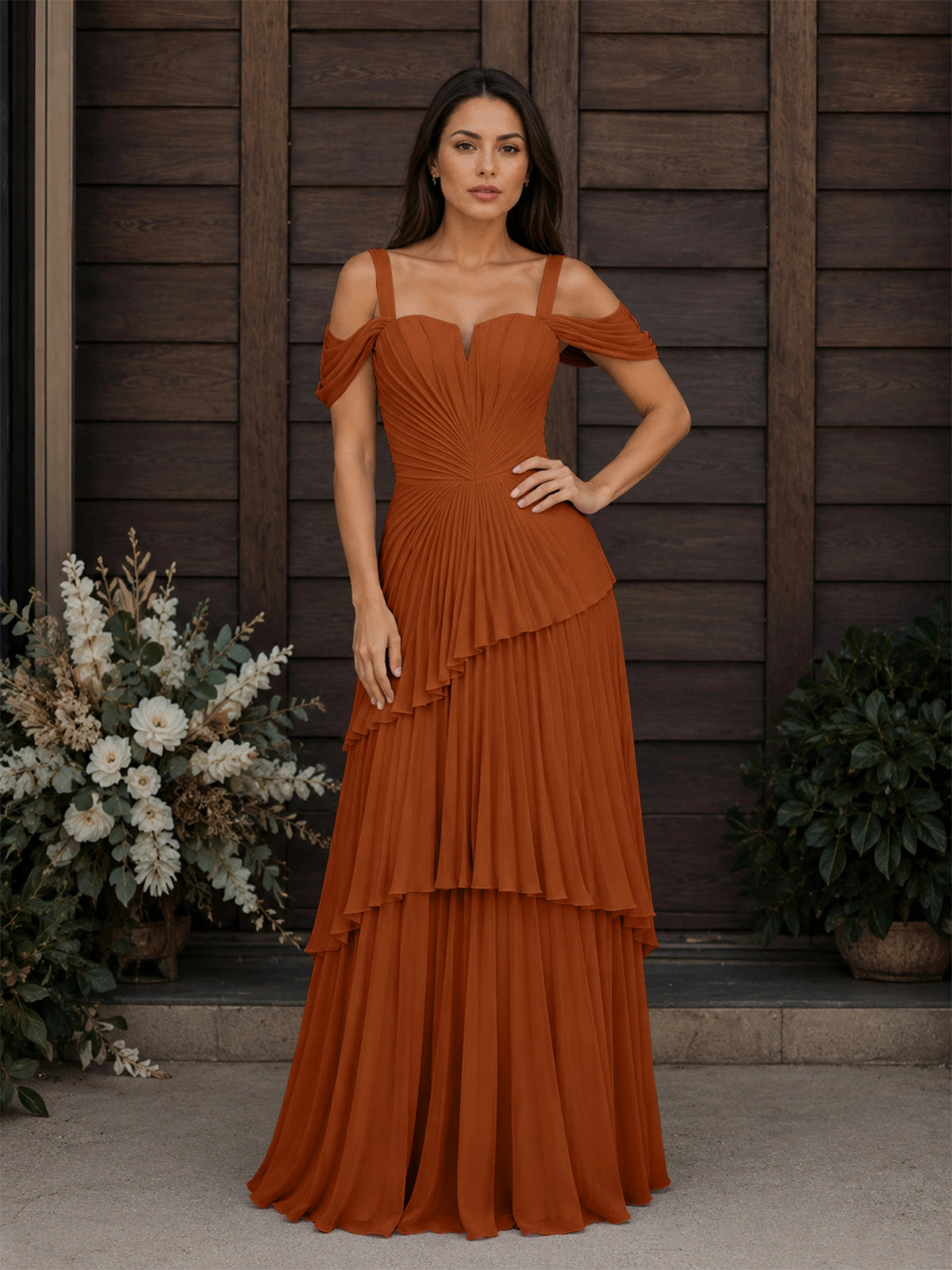 Chiffon Bridesmaid Dress with Cold-Shoulder 
