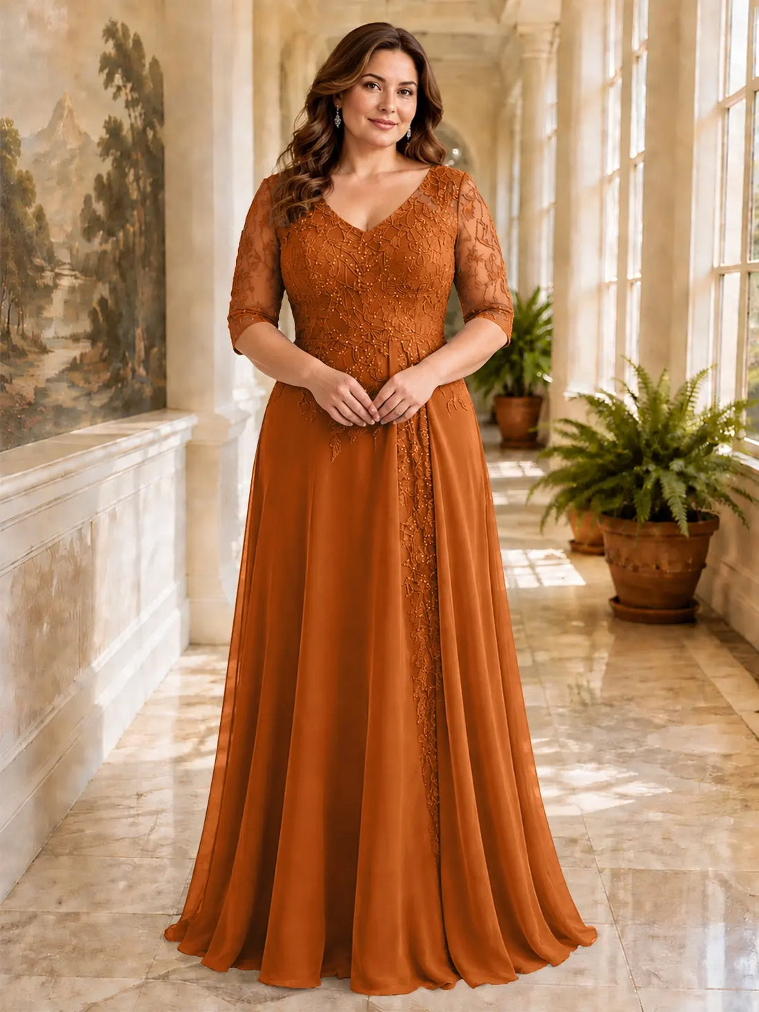 Applique V-Neck Chiffon Dress-Plus Size 