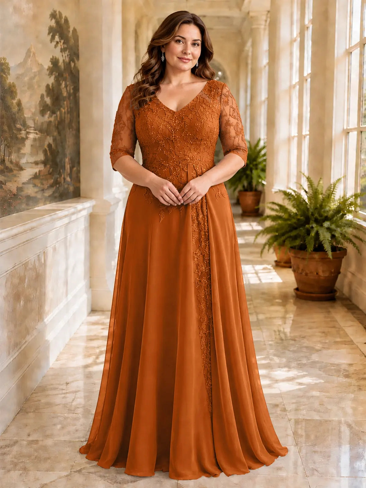 Applique V-Neck Chiffon Dress-Plus Size 