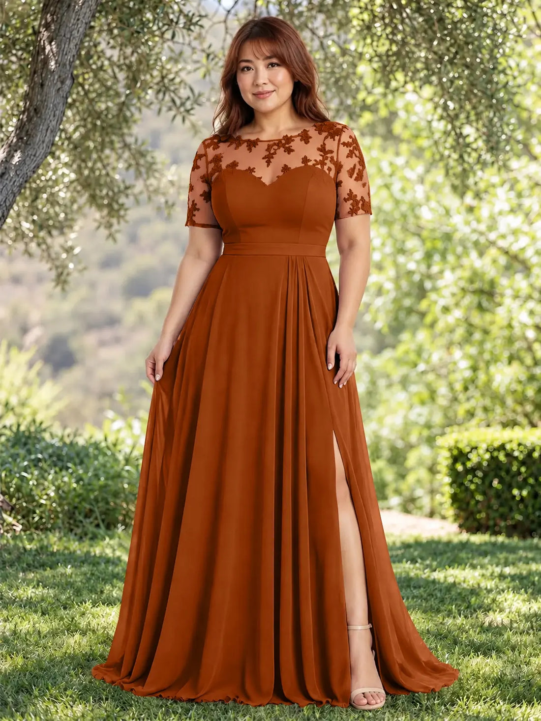 Lace Mother of the Bride Dress with Illusion Neckline-Plus Size 