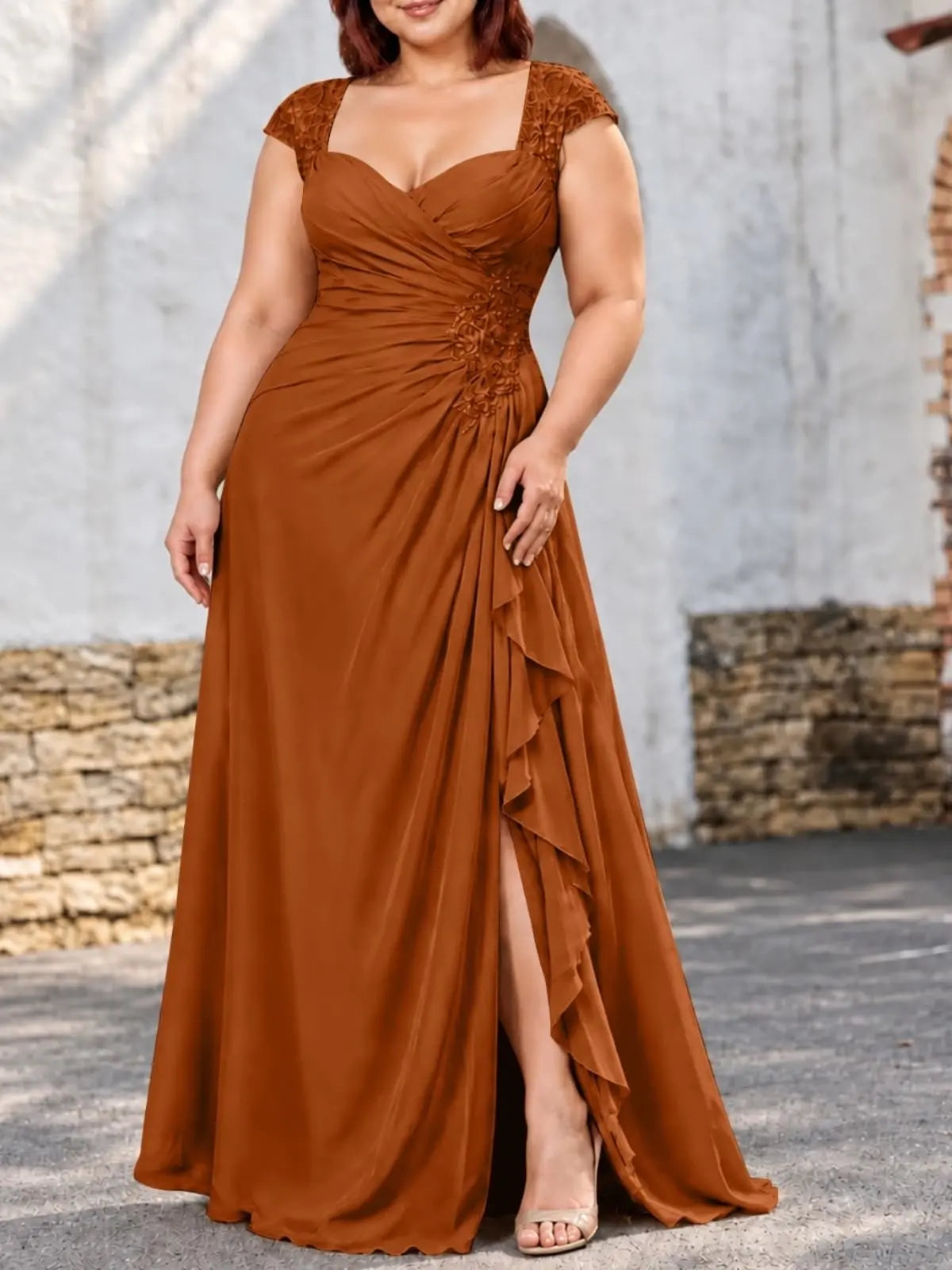 Chiffon Mother of the Bride Dress with Lace Appliques-Plus Size 