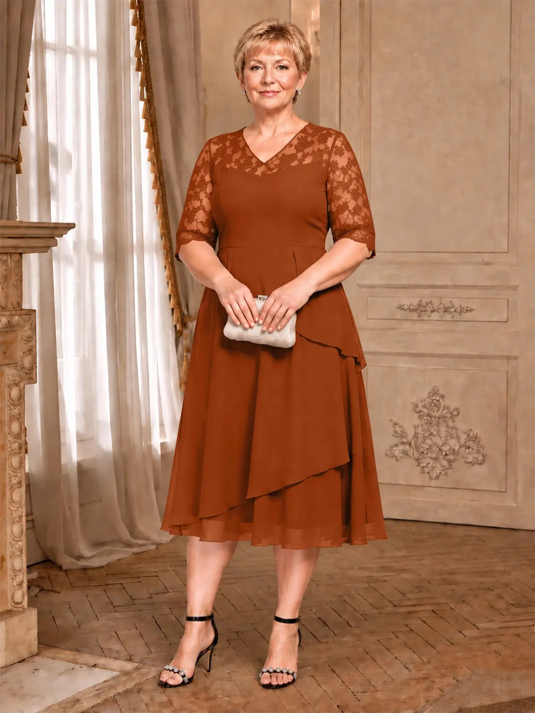 A-line Mother of the Bride Dress with Lace Sleeves-Plus Size 