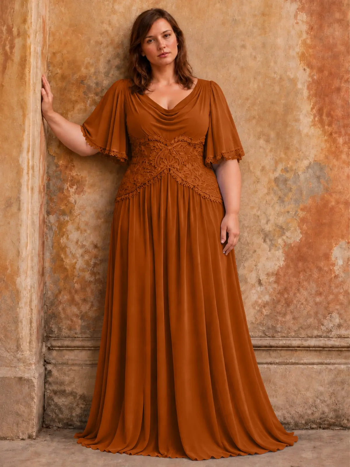 Cowl Neck Mother of the Bride Dress with Applique-Plus Size 