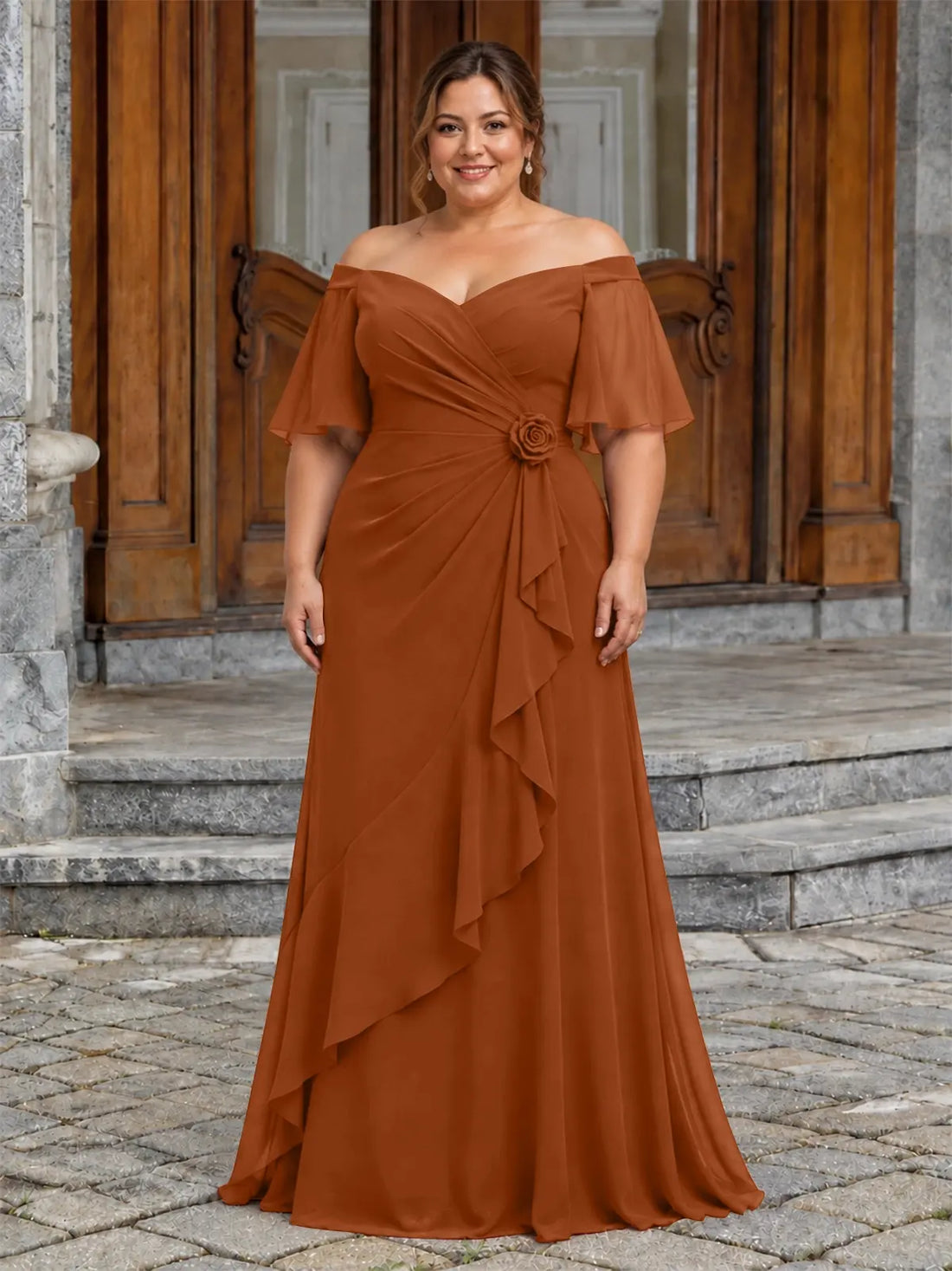 Chiffon Mother of the Bride Dress with 3D Rosette-Plus Size 