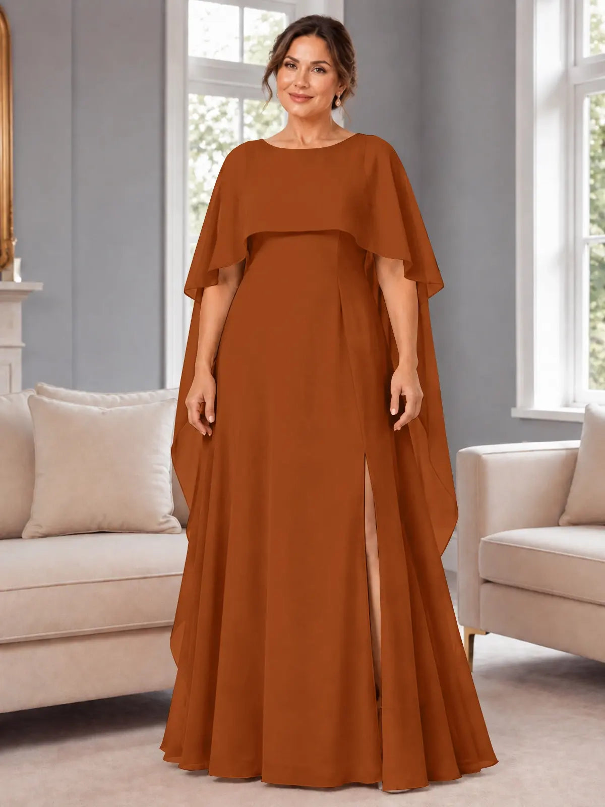 Chiffon Mother of the Bride Dress with Cape Overlay-Plus Size 
