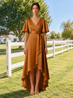 V-neck Bridesmaid Dress with Flutter Sleeves