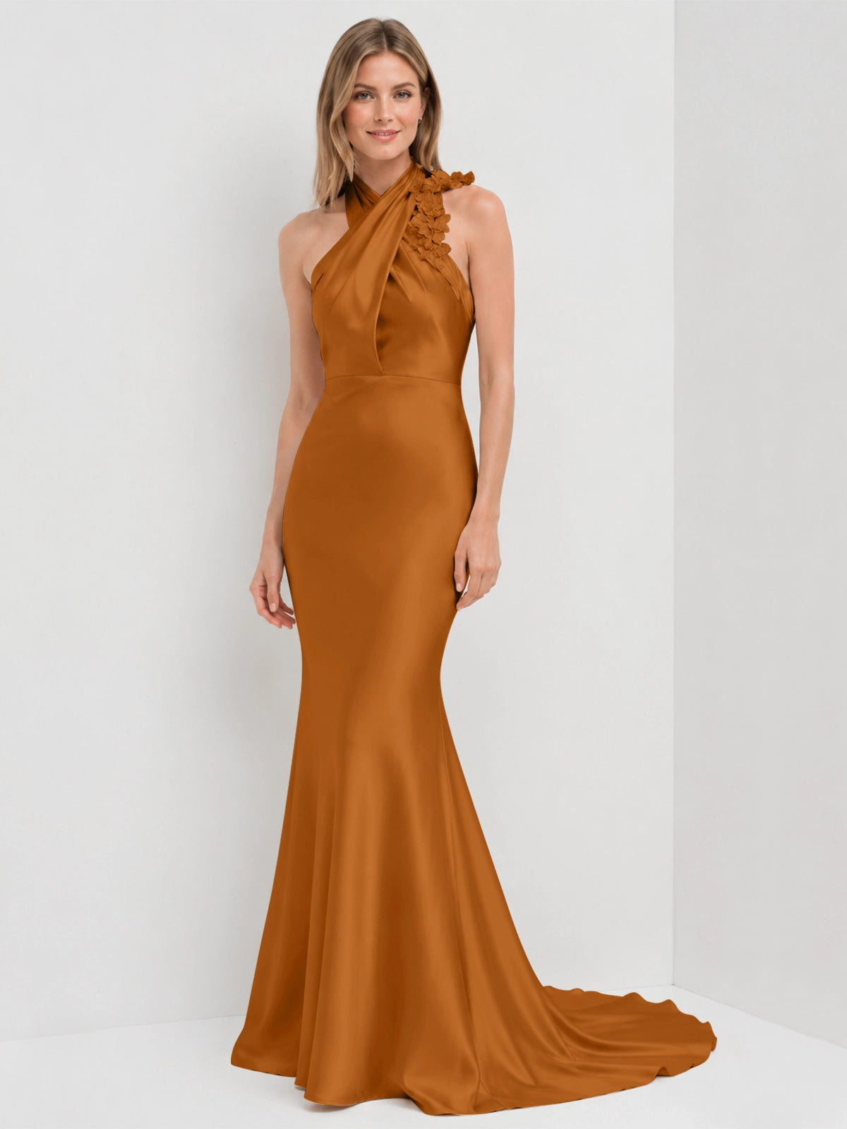 Silk-like Bridesmaid Dress with 3D Floral 
