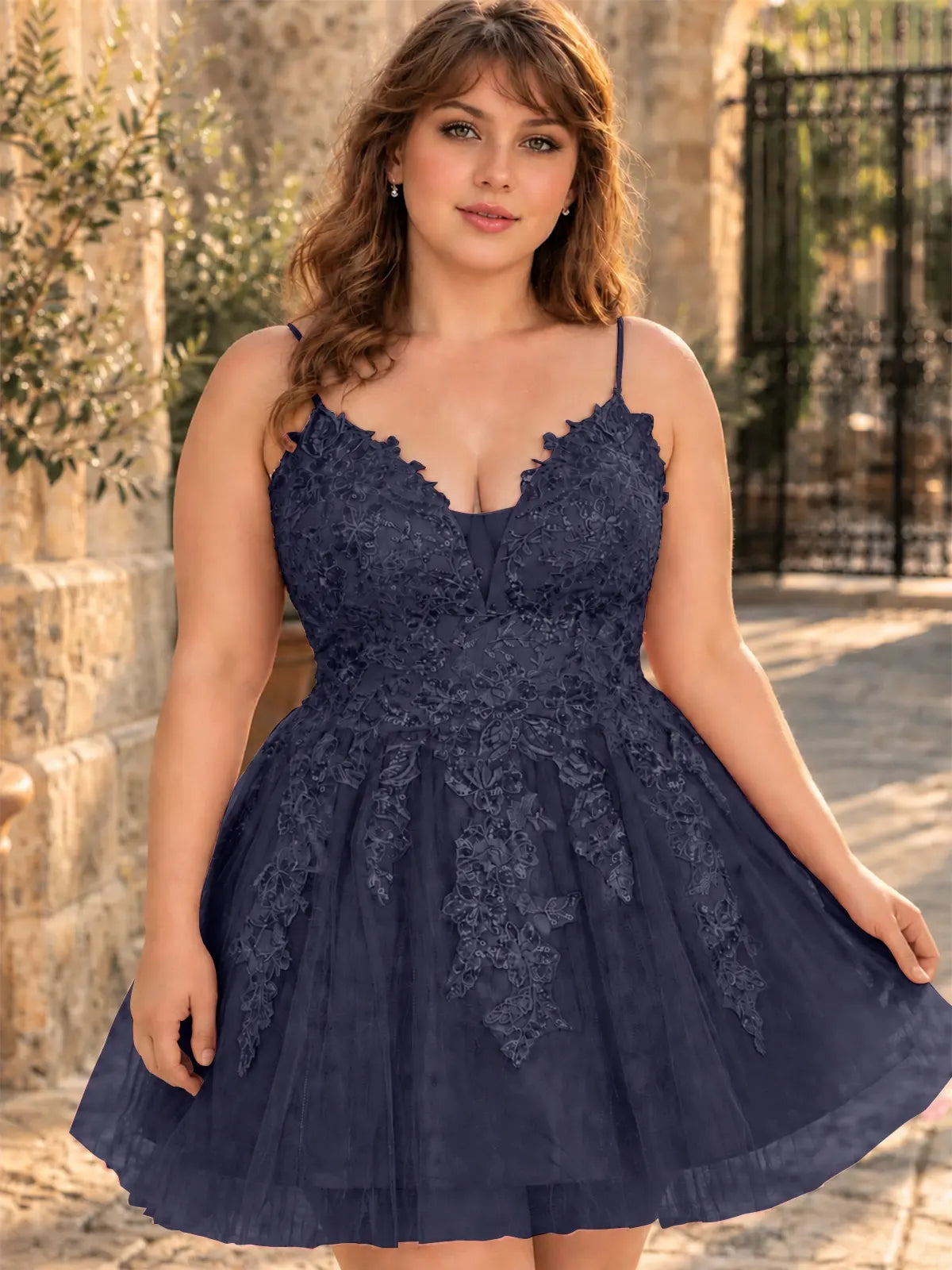 Applique Soft Tulle Mini Dress-Plus Size 