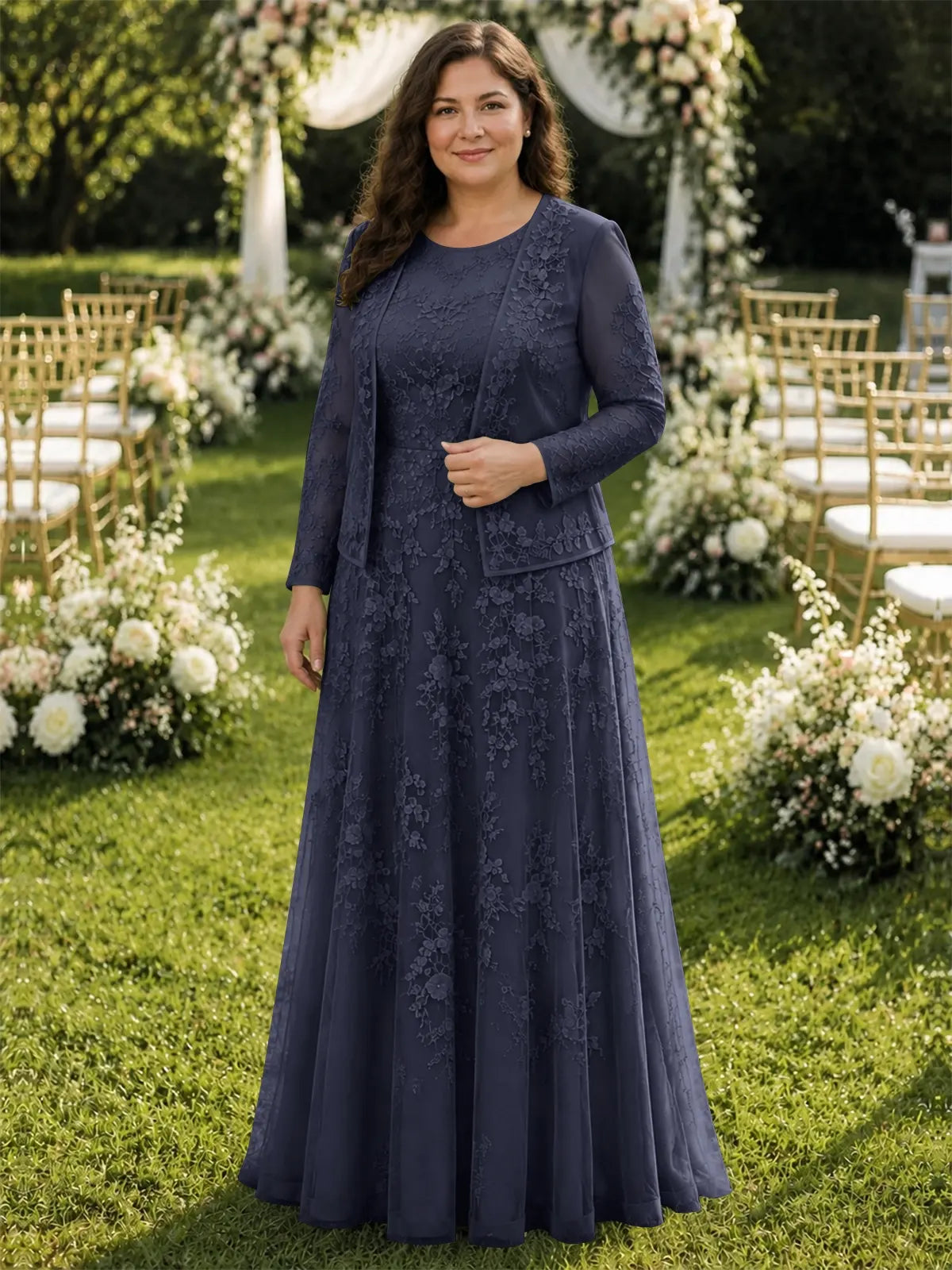 Two-Piece Lace Mother of the Bride Dress with Long Sleeves-Plus Size 