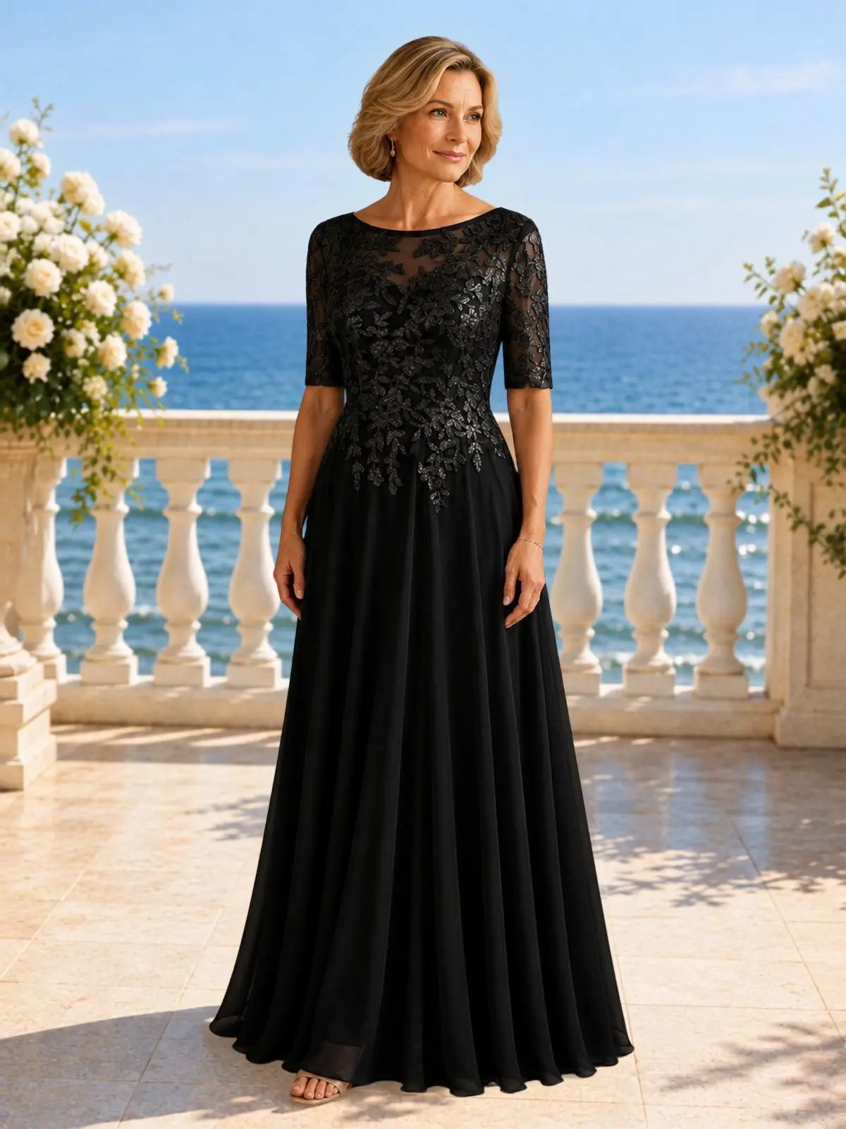 Applique Half Sleeves Chiffon Dress 