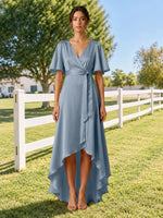 V-neck Bridesmaid Dress with Flutter Sleeves