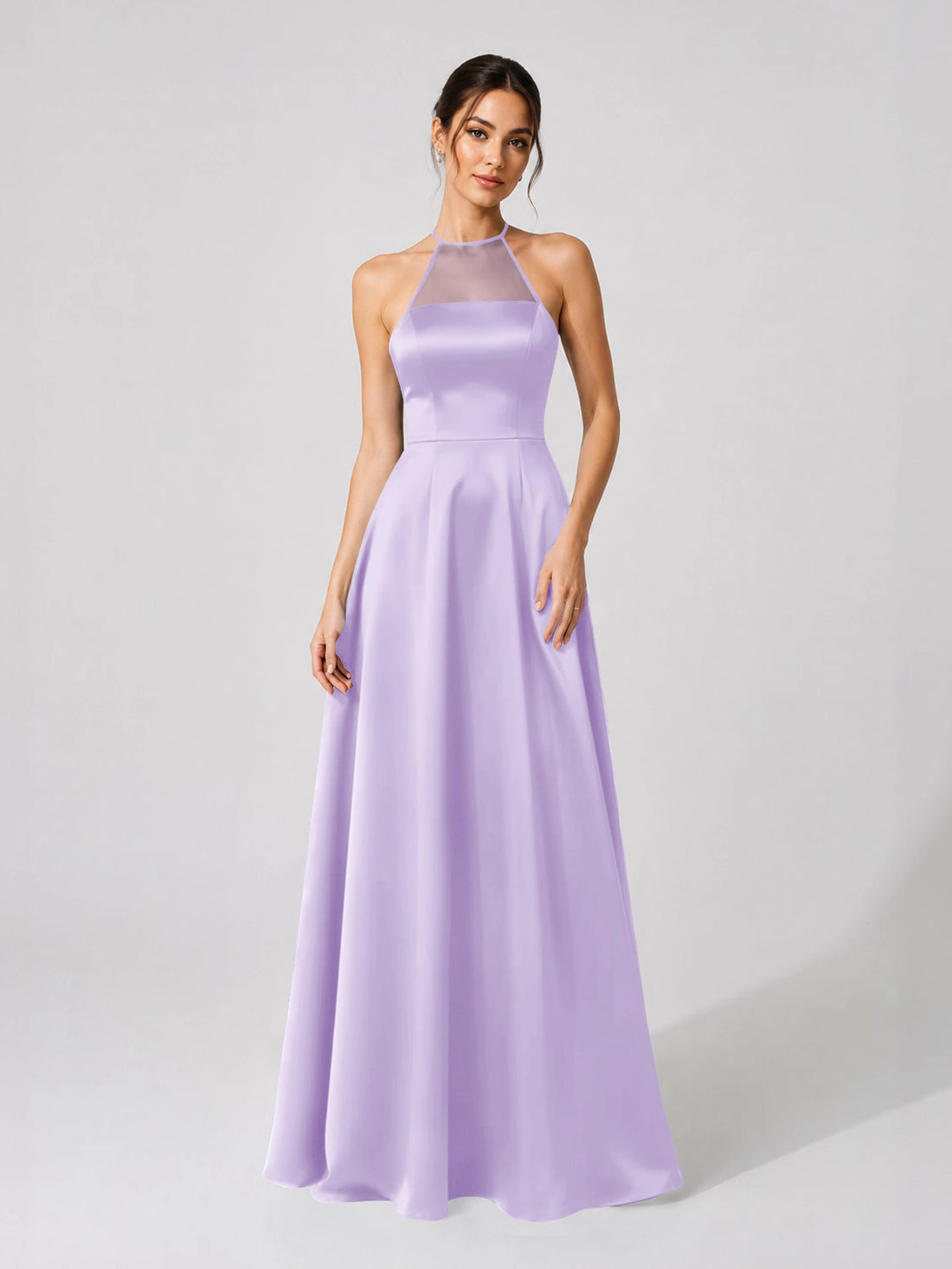 Satin Bridesmaid Dress with Illusion Halter Neck 
