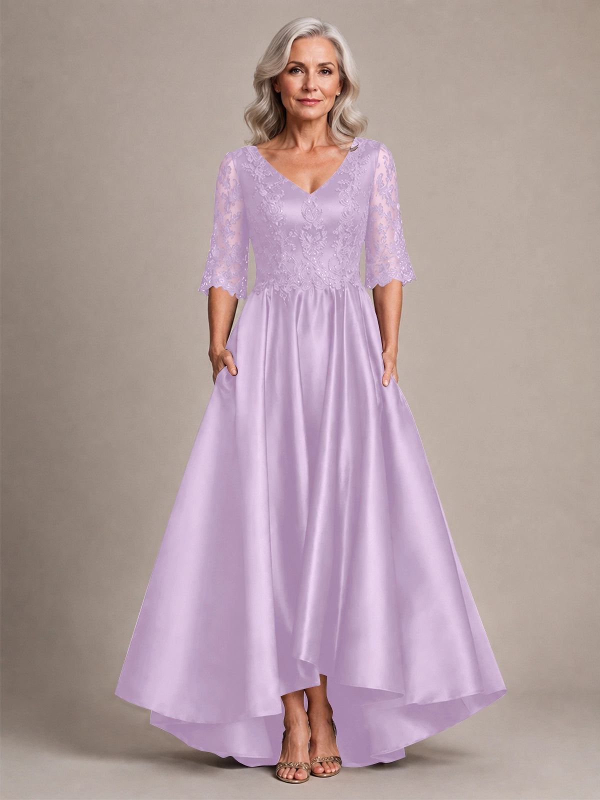 Satin Mother of the Bride Dress with Lace Sleeves 