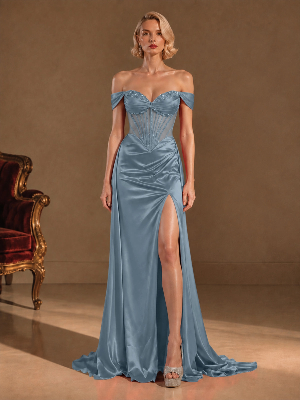 Silk-like Prom Dress with Crystal Detailing 