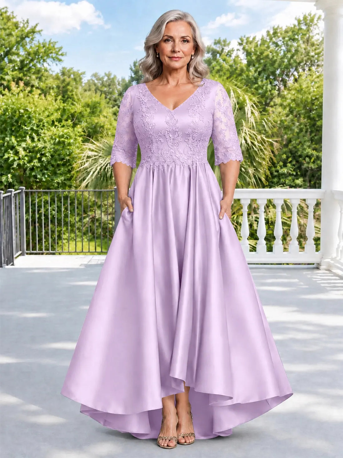 Satin Mother of the Bride Dress with Lace Sleeves-Plus Size 