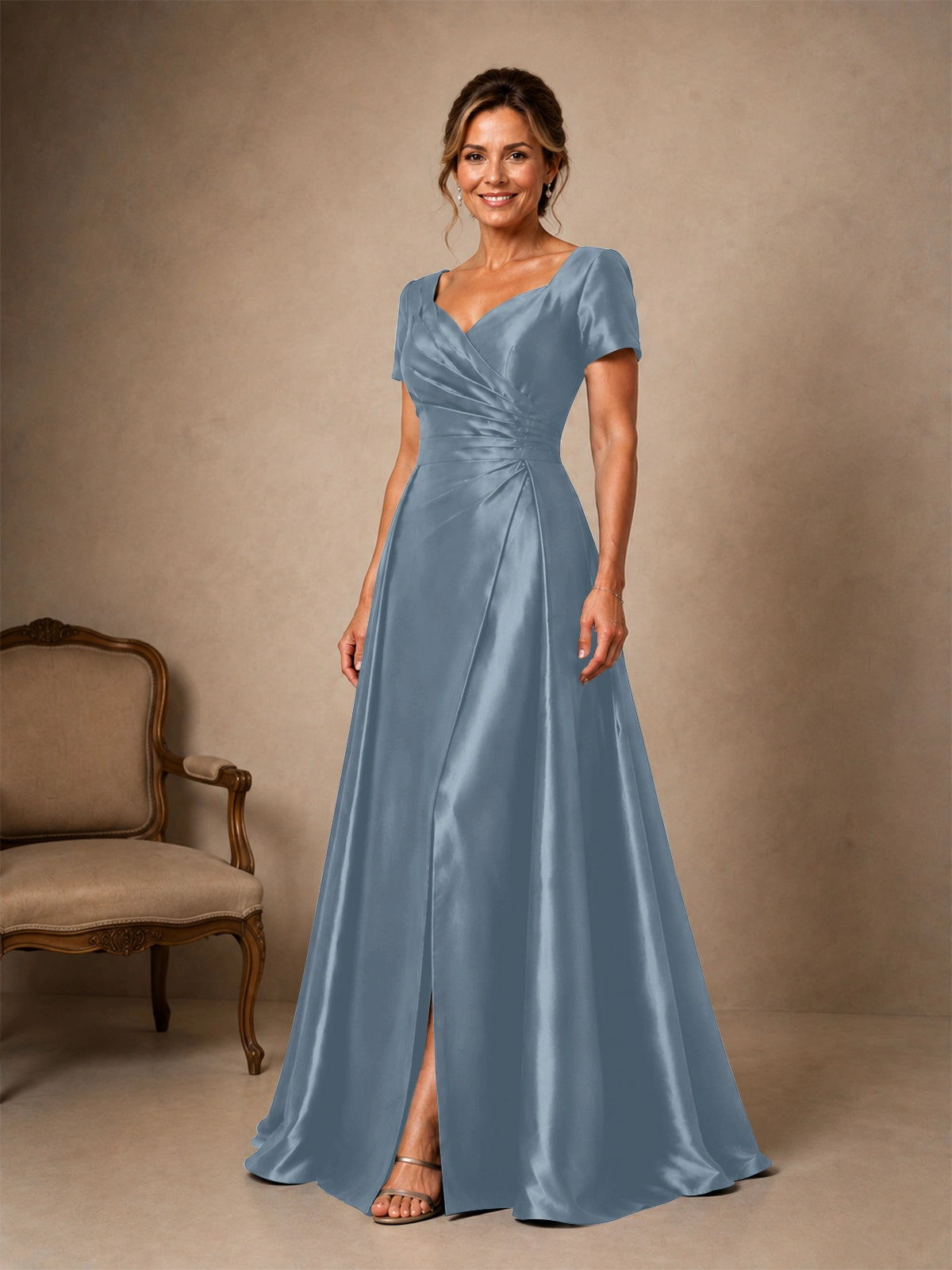 Silk-like Prom Dress with Short Sleeves 