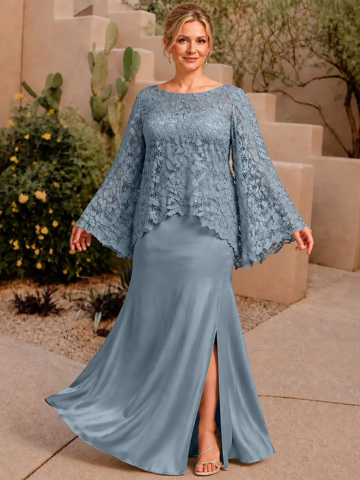 Two-piece Mother of the Bride Dress with Lace Top-Plus Size 