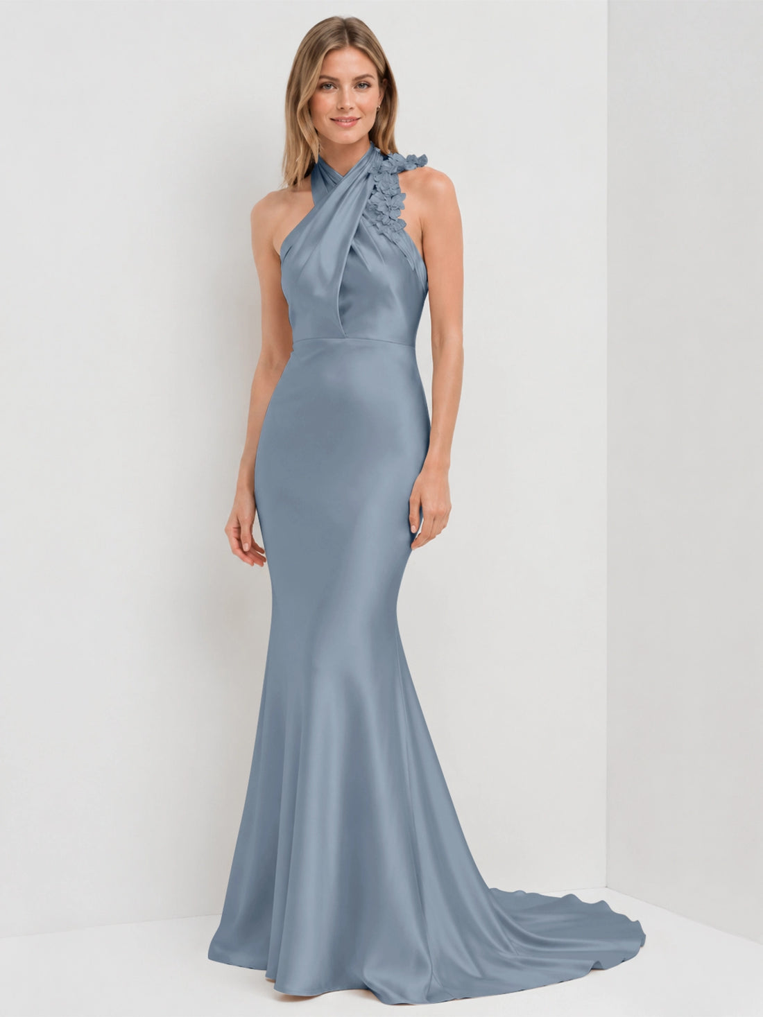 Silk-like Bridesmaid Dress with 3D Floral 
