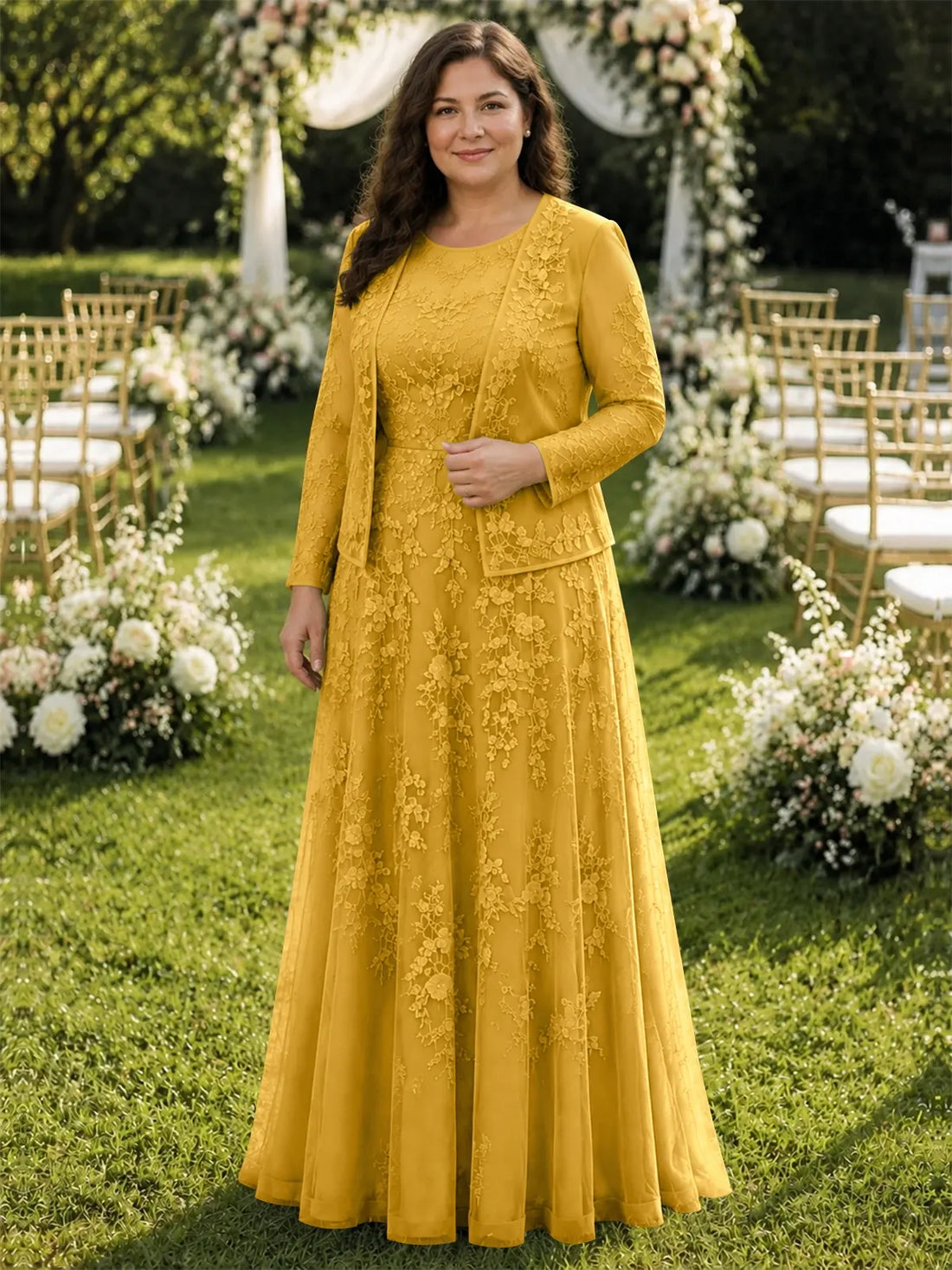 Two-Piece Lace Mother of the Bride Dress with Long Sleeves-Plus Size 