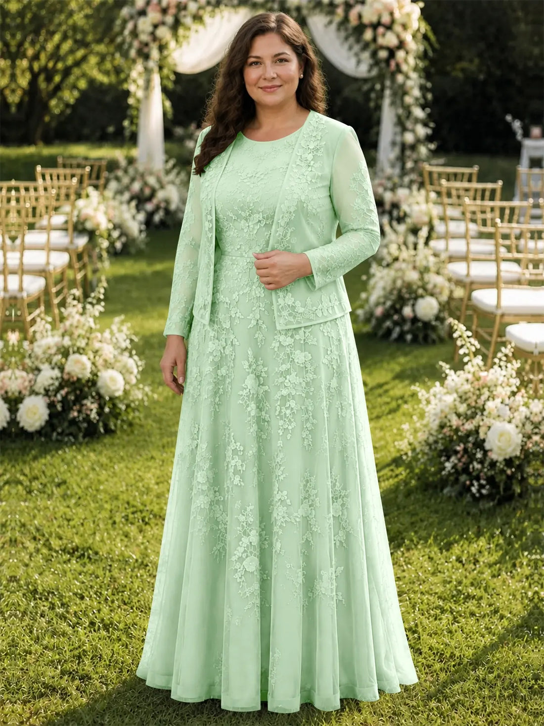 Two-Piece Lace Mother of the Bride Dress with Long Sleeves-Plus Size 