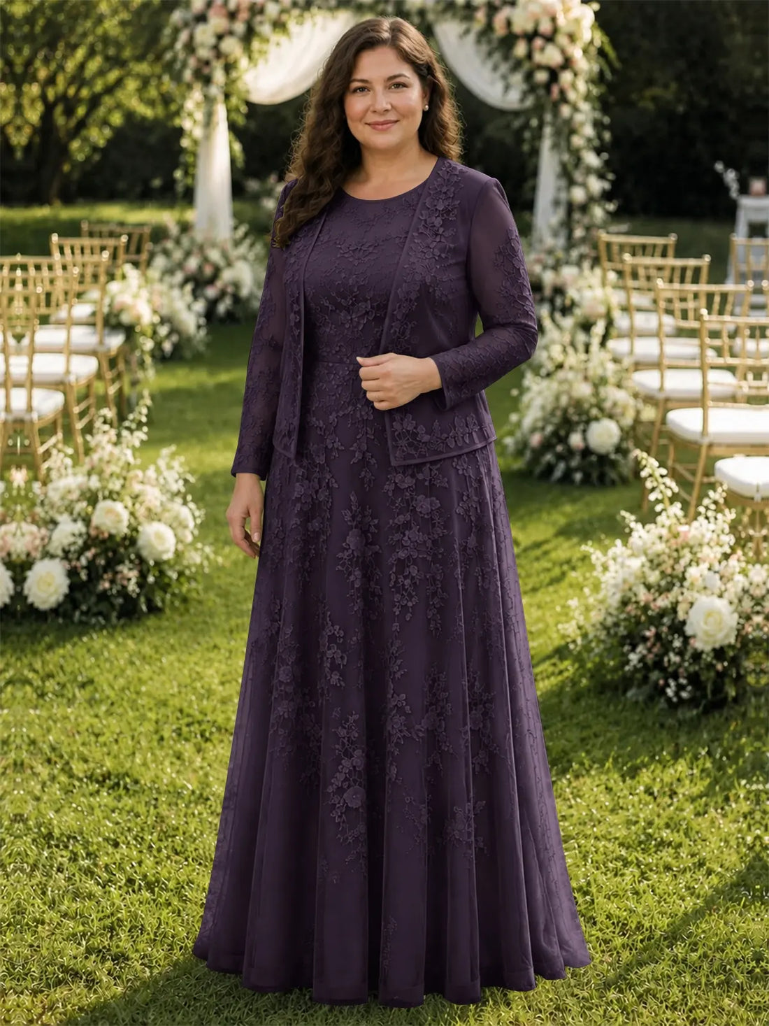 Two-Piece Lace Mother of the Bride Dress with Long Sleeves-Plus Size 