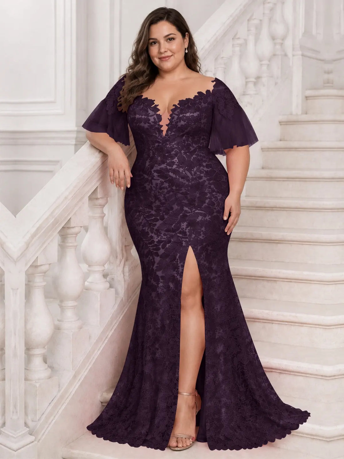 Mermaid Mother of the Bride Dress with V-neck-Plus Size 