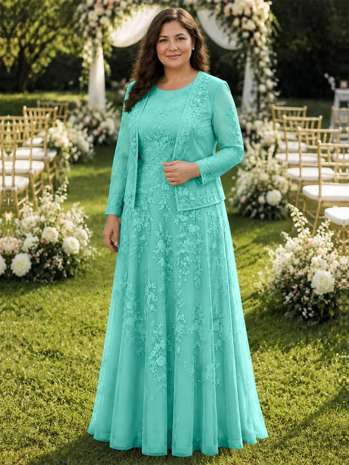Two-Piece Lace Mother of the Bride Dress with Long Sleeves-Plus Size 
