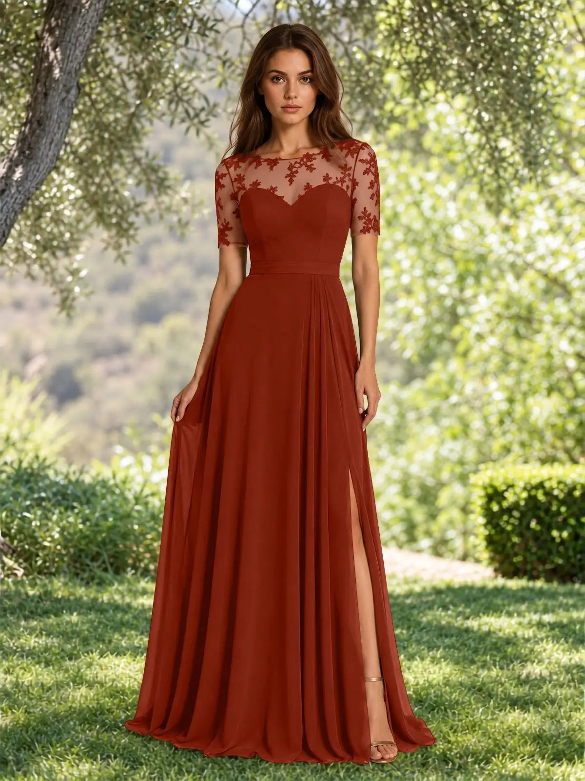 Lace Mother of the Bride Dress with Illusion Neckline 