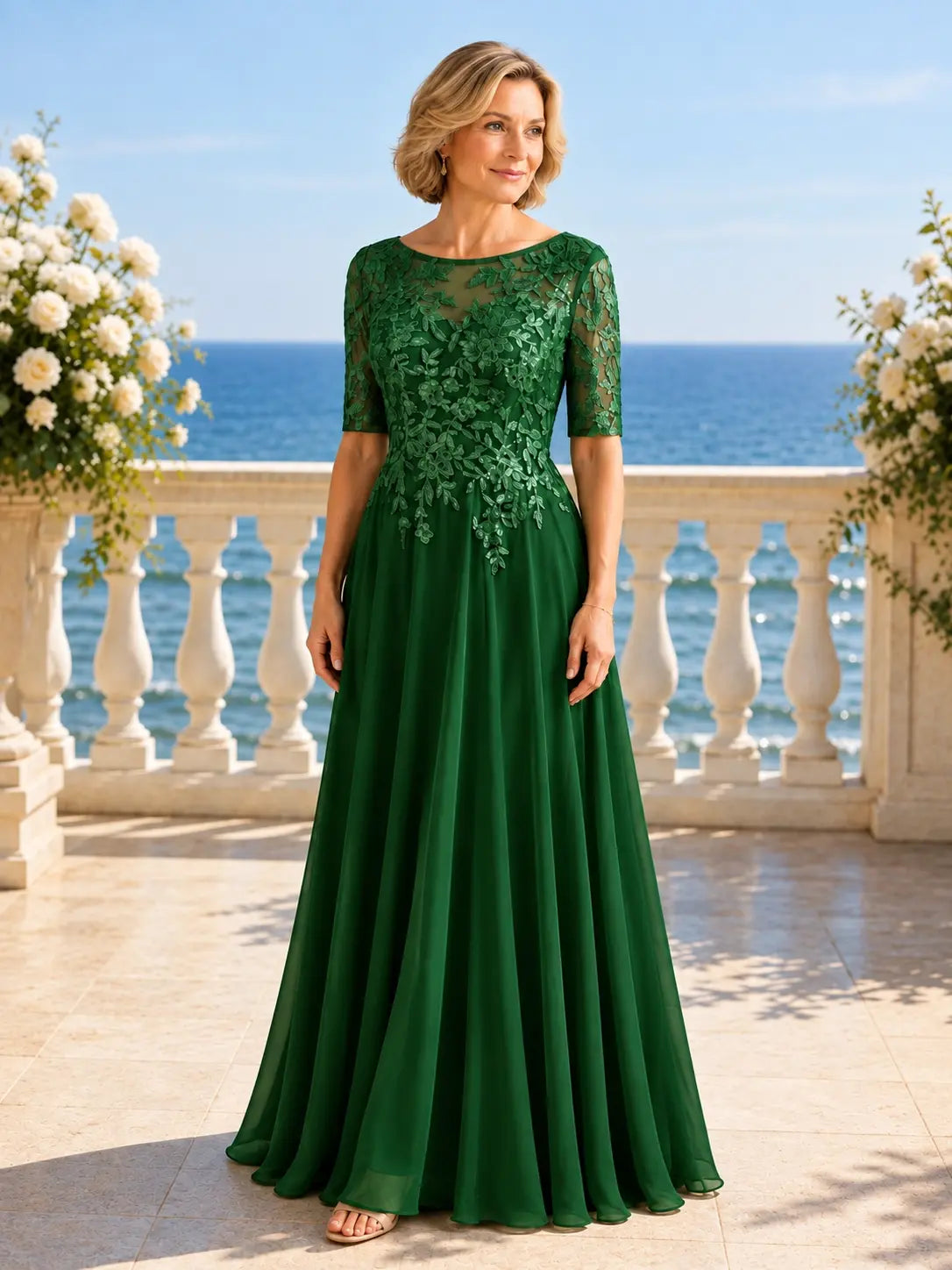 Applique Half Sleeves Chiffon Dress 