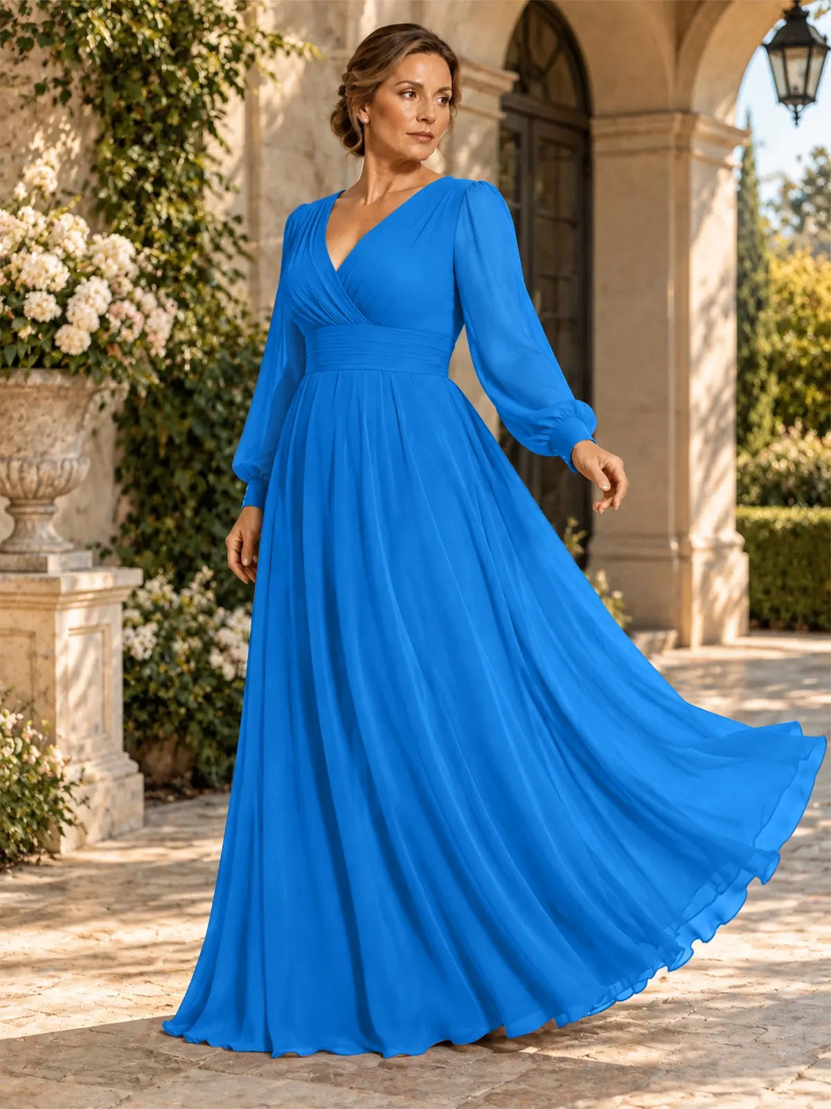 Chiffon Mother of the Bride Dress with Long Sleeves-Plus Size 