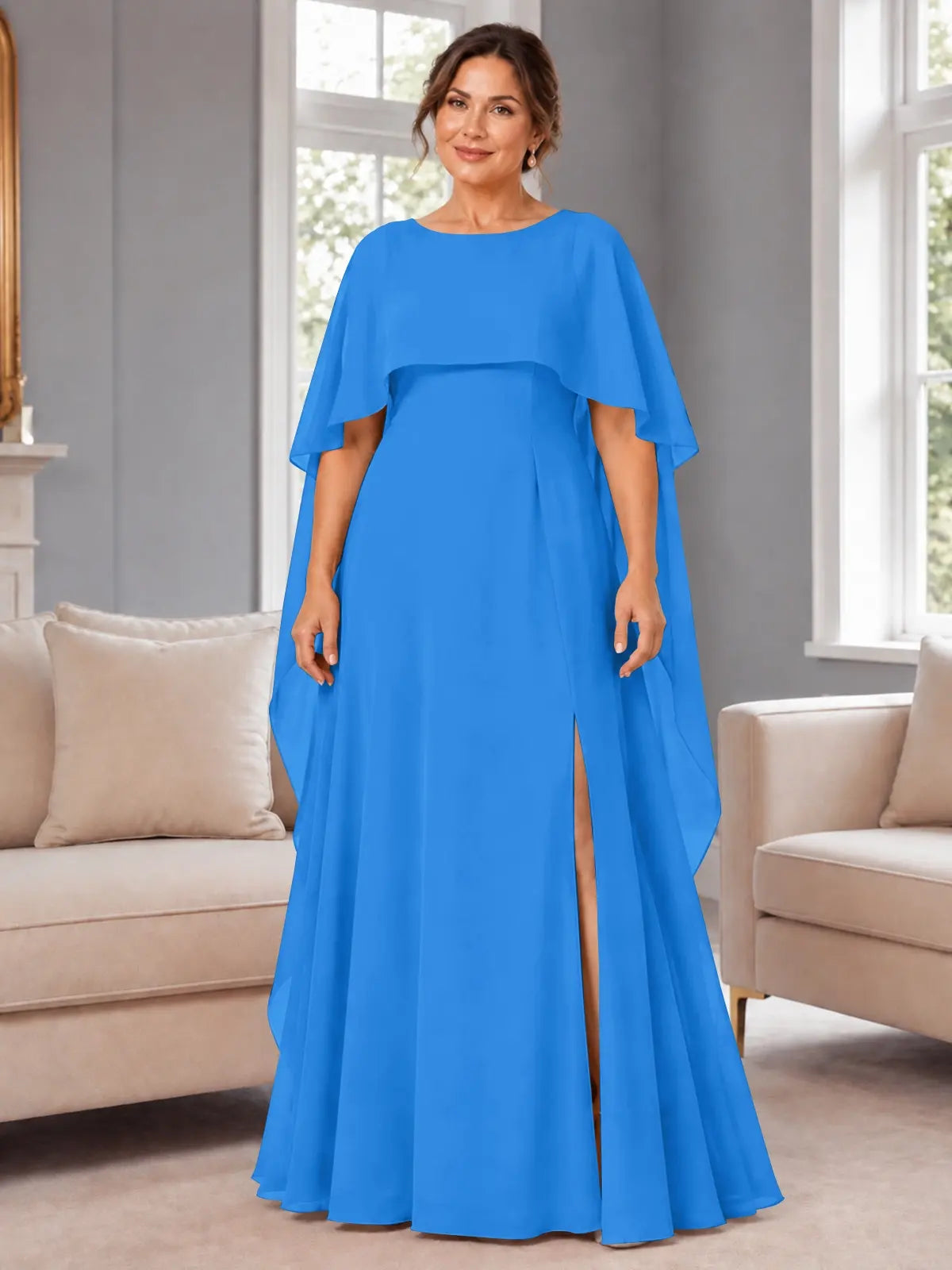 Chiffon Mother of the Bride Dress with Cape Overlay-Plus Size 