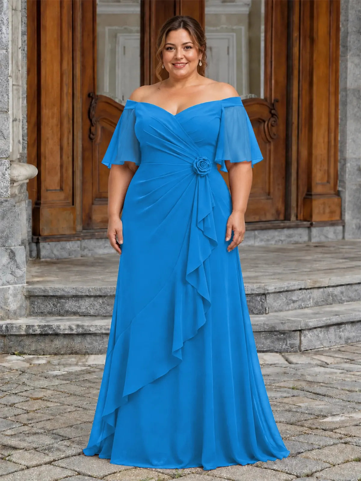Chiffon Mother of the Bride Dress with 3D Rosette-Plus Size 