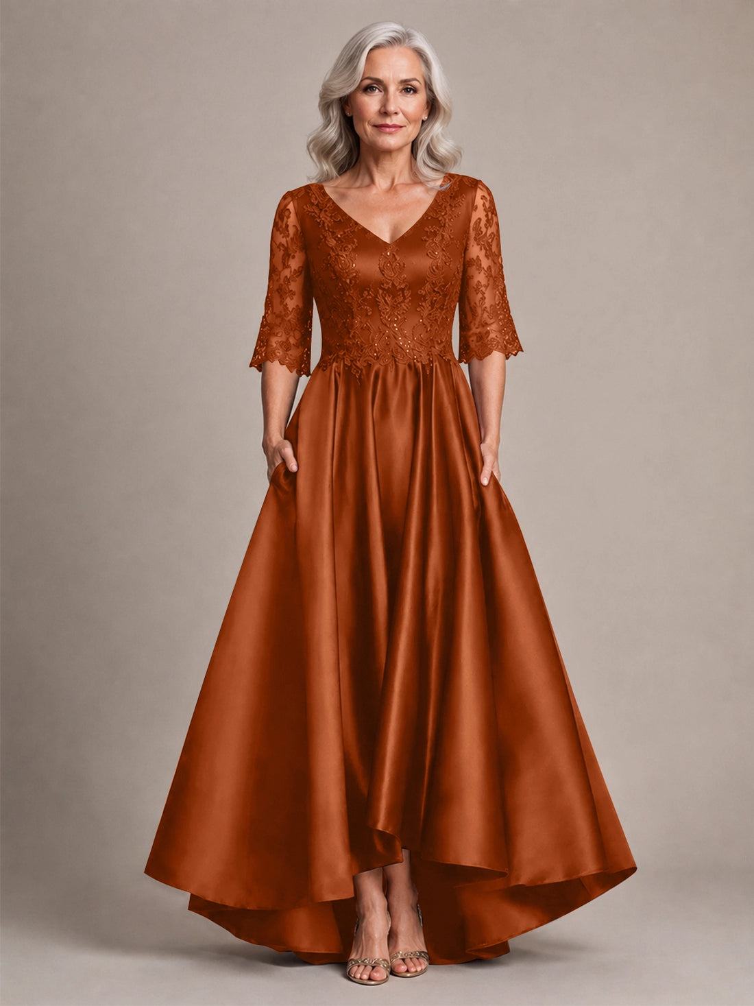 Satin Mother of the Bride Dress with Lace Sleeves 