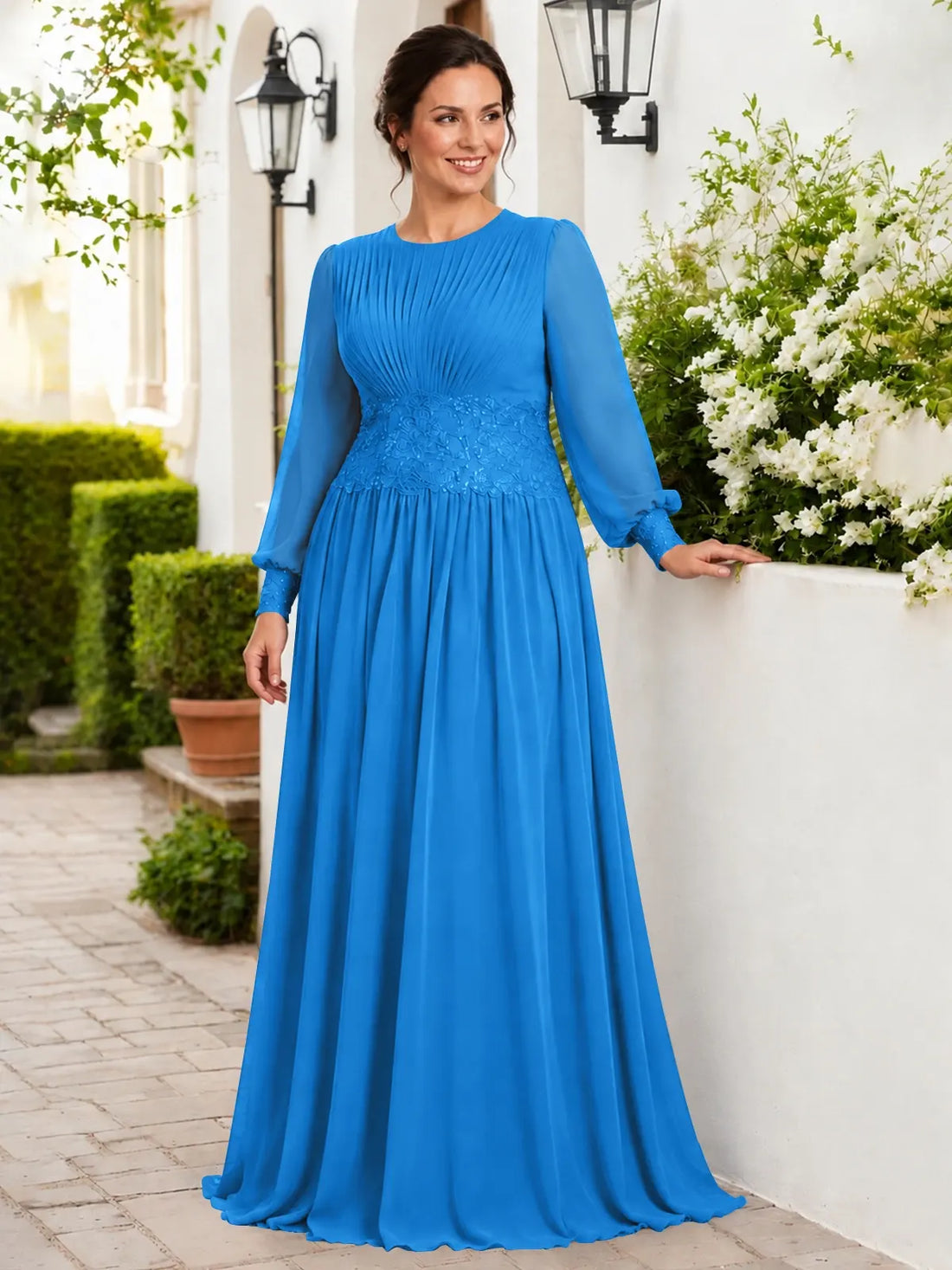 Chiffon Mother of the Bride Dress with Jewel Neckline-Plus Size 