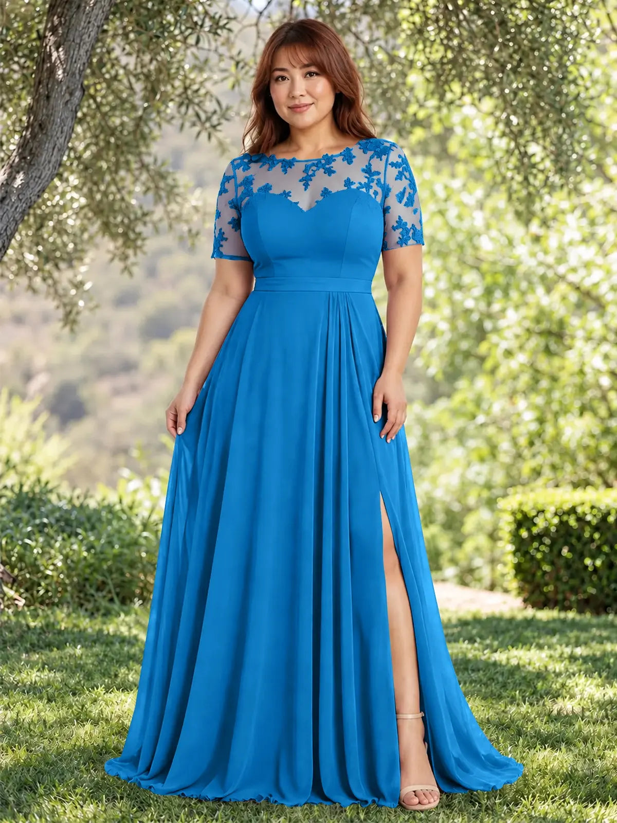 Lace Mother of the Bride Dress with Illusion Neckline-Plus Size 