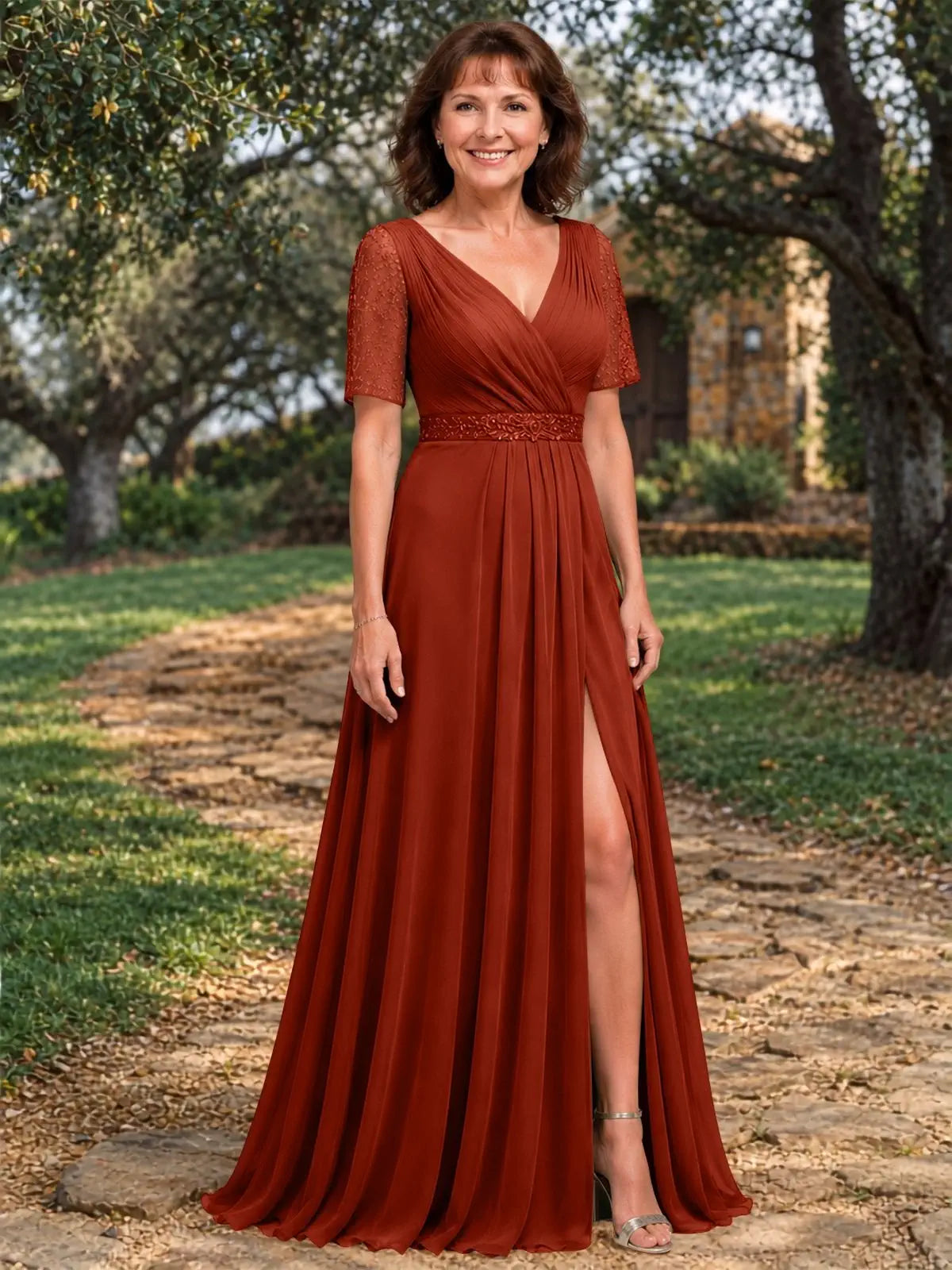 Surplice Neckline Mother of the Bride Dress with Slit 