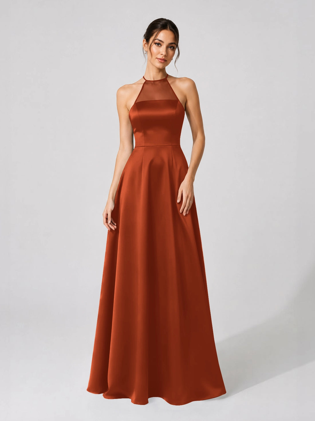 Satin Bridesmaid Dress with Illusion Halter Neck 